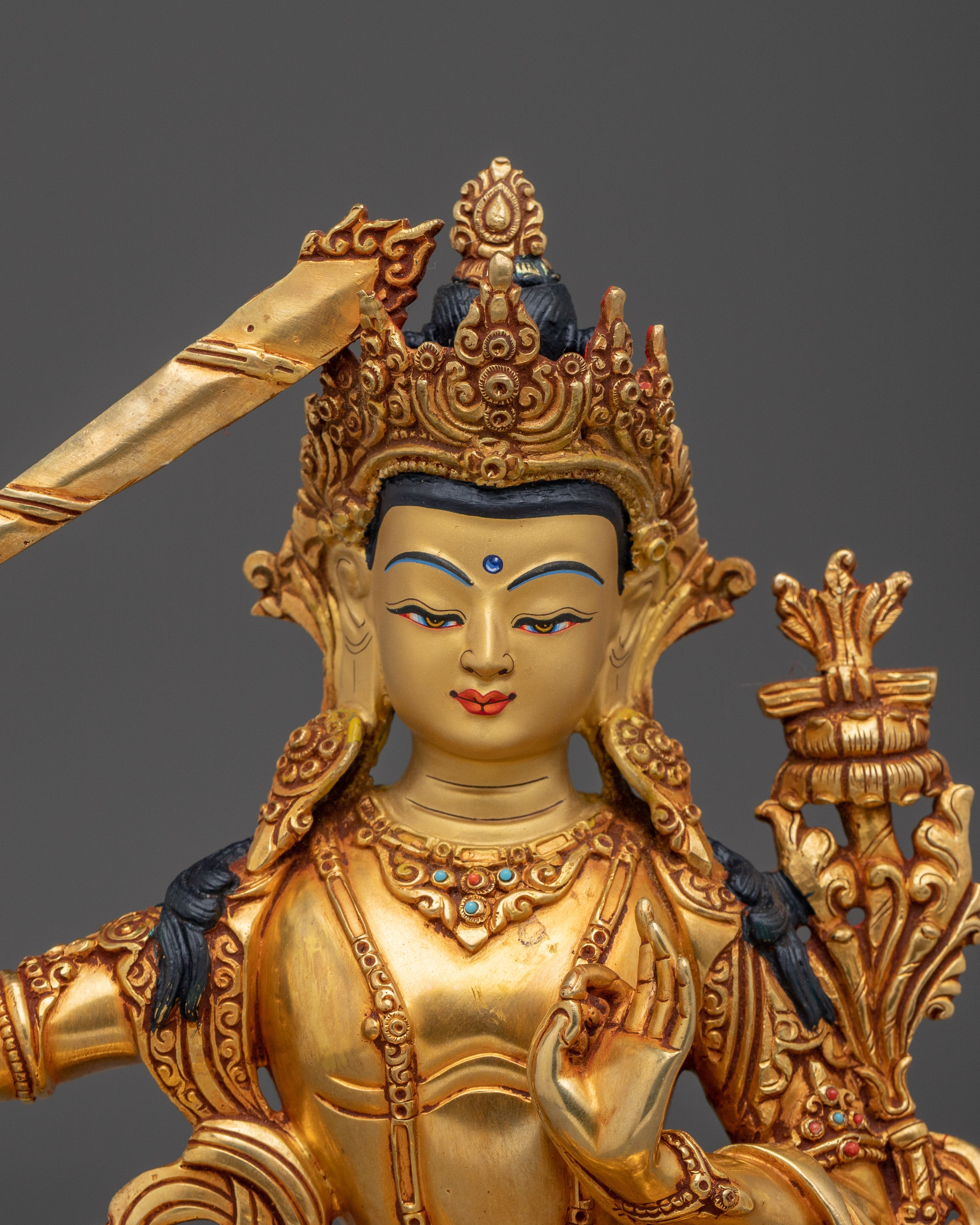 Golden Wisdom Embodiment Manjushri Statue | Buddhist Spiritual Artwork