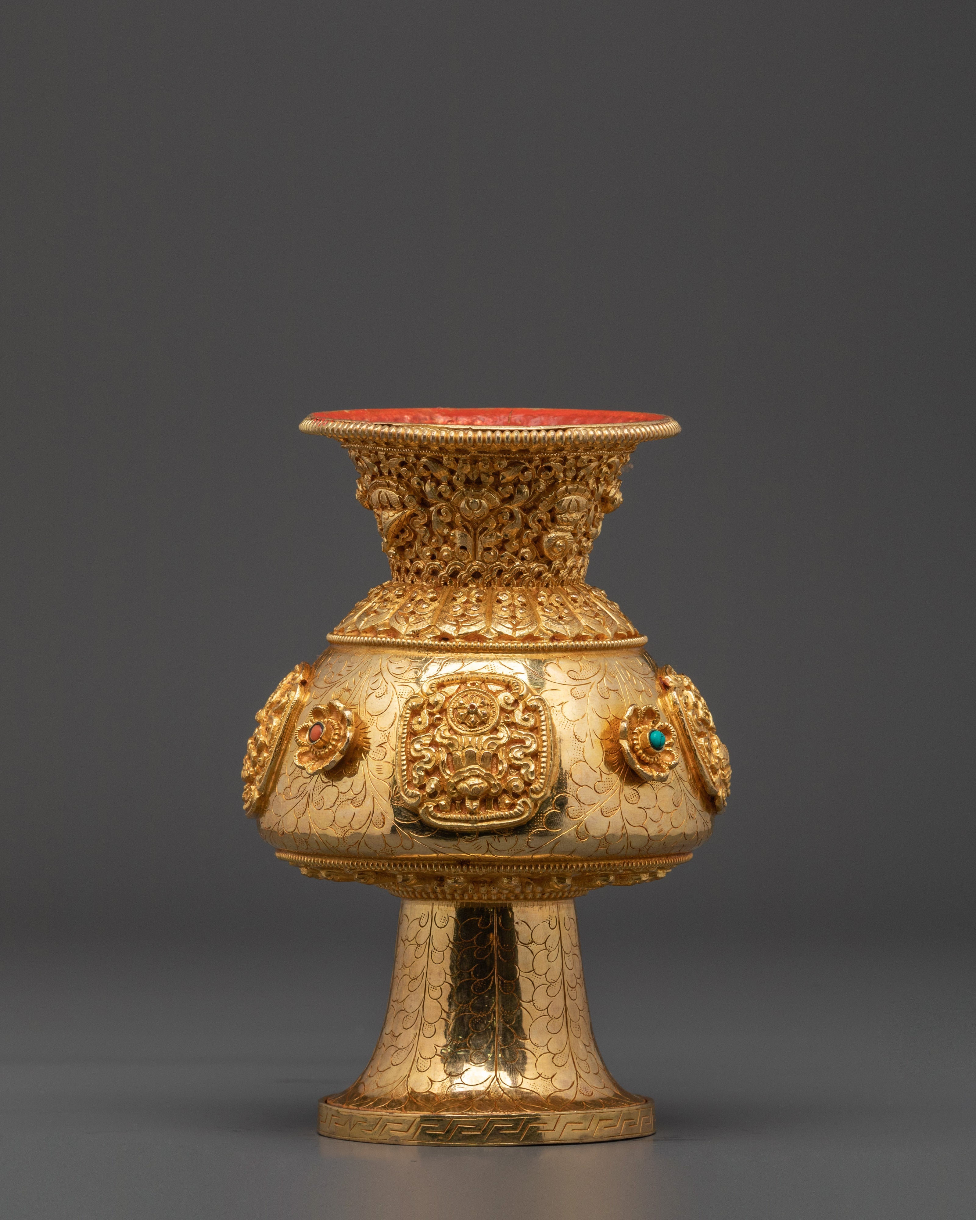 Handcrafted Copper Vase | Tibetan Vase with Coral & Turquoise for Altar