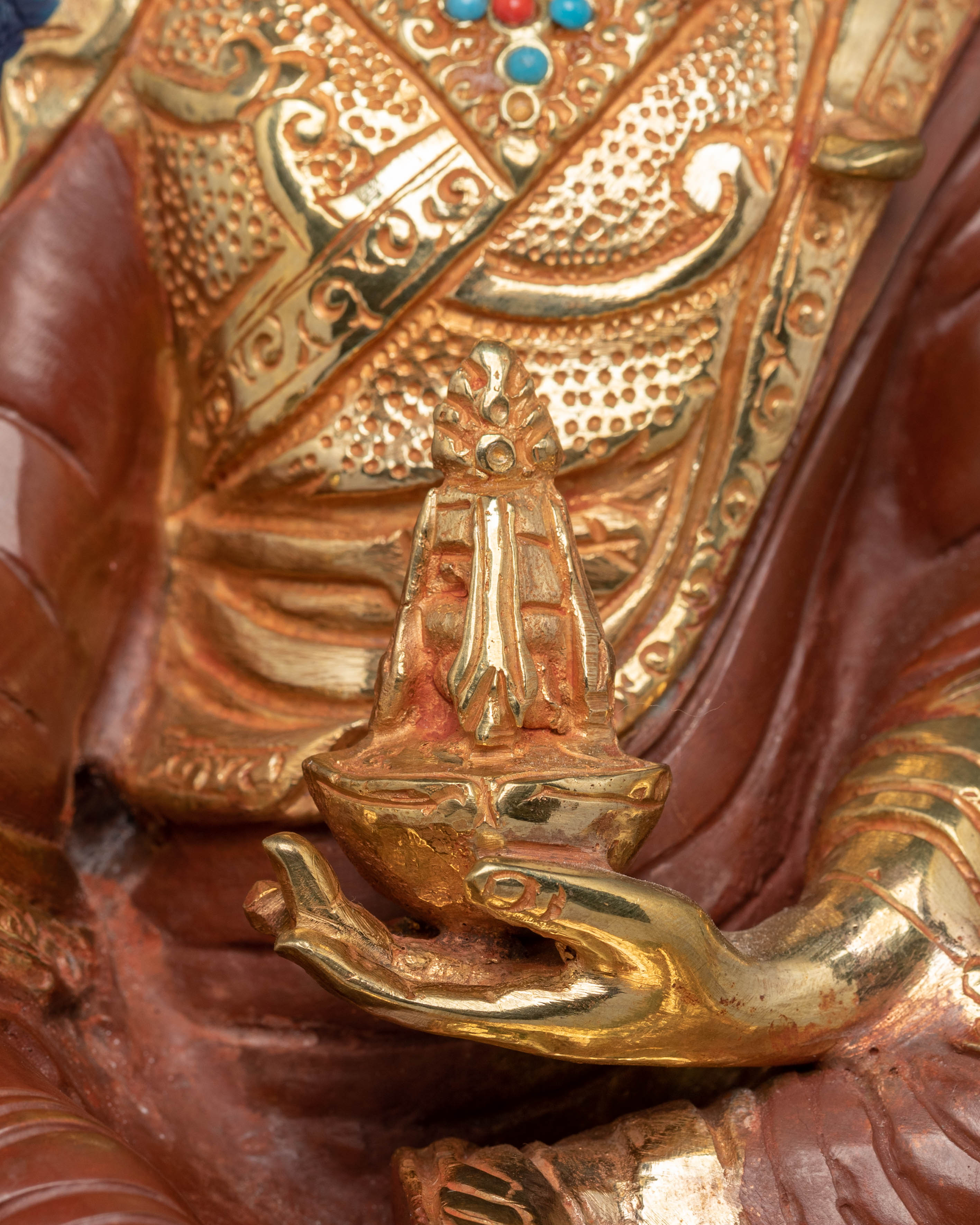 Guru Rinpoche Bodhisattva Sculpture | Fire Gold-Coated with Coral & Turquoise