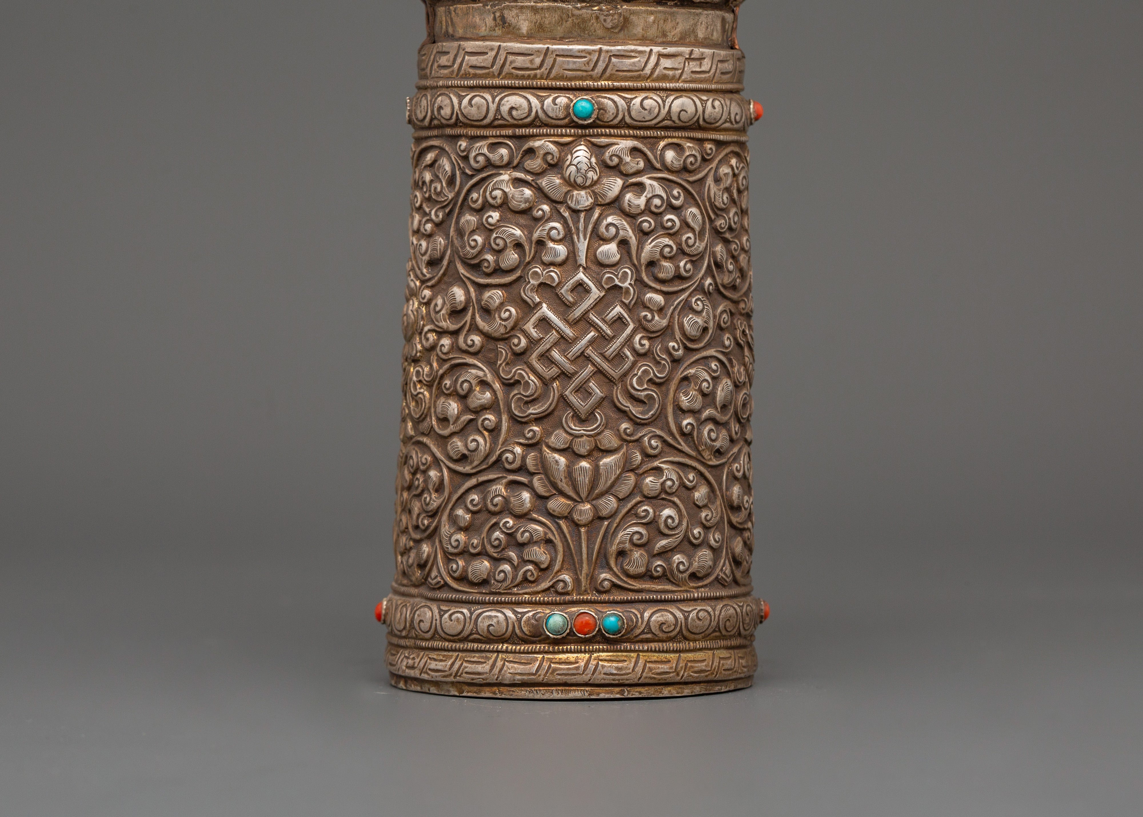 Pure Silver Tibetan Stamp | Handcrafted Ritual Seal with Turquoise & Coral Stone