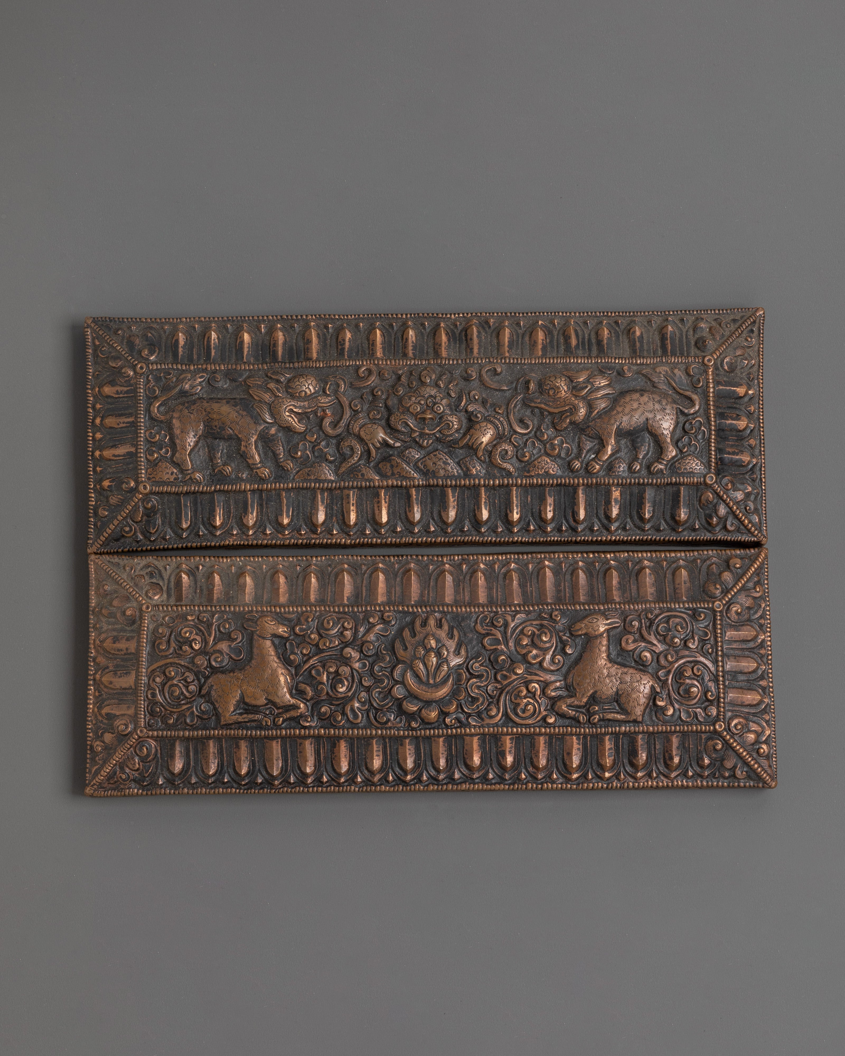 Handcrafted Tibetan Scripture Book Cover | Copper and Wood Buddhist Manuscript Protection