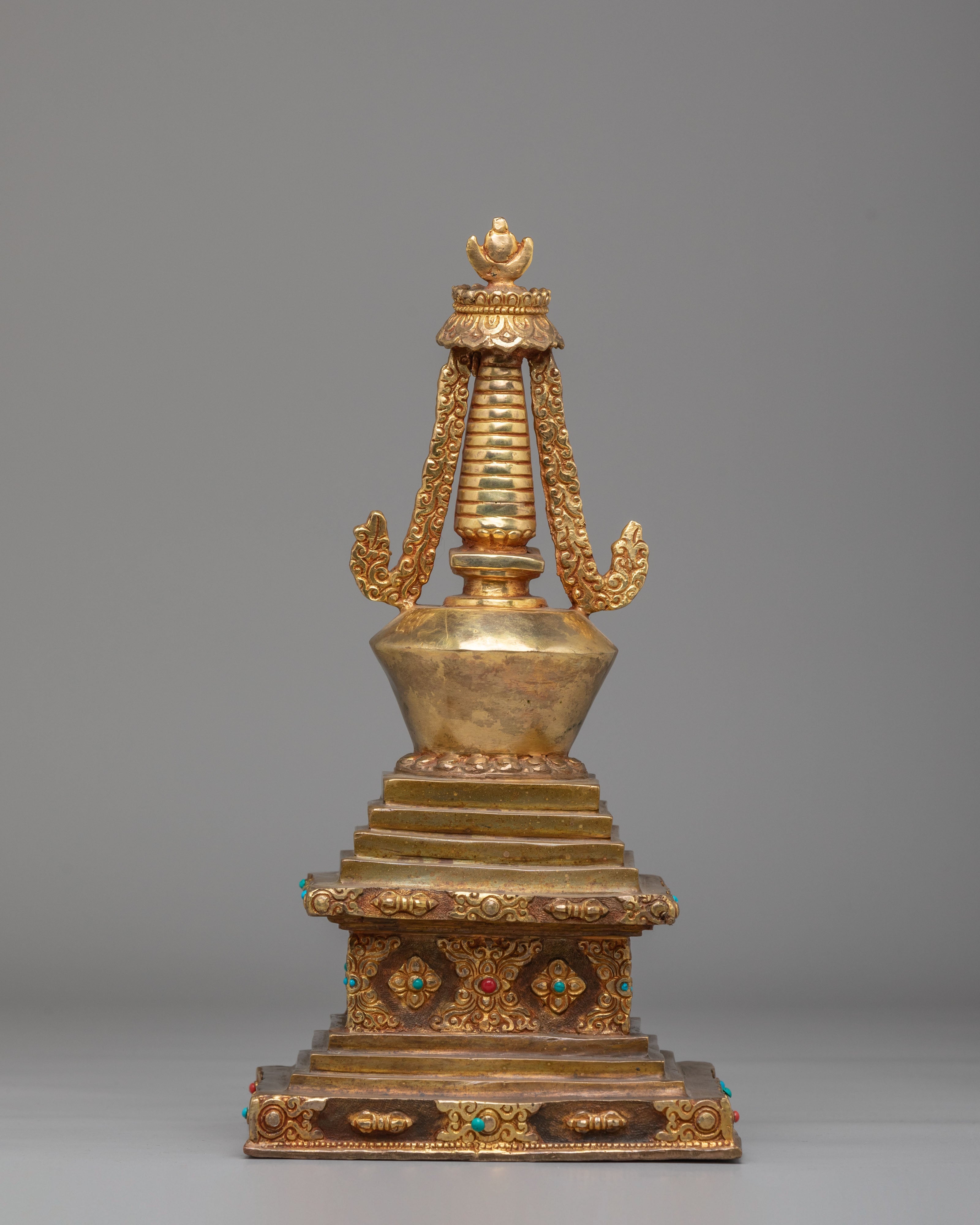 Sacred Altar Enlightenment Chorten | Gold Plated Copper Altar Sculpture