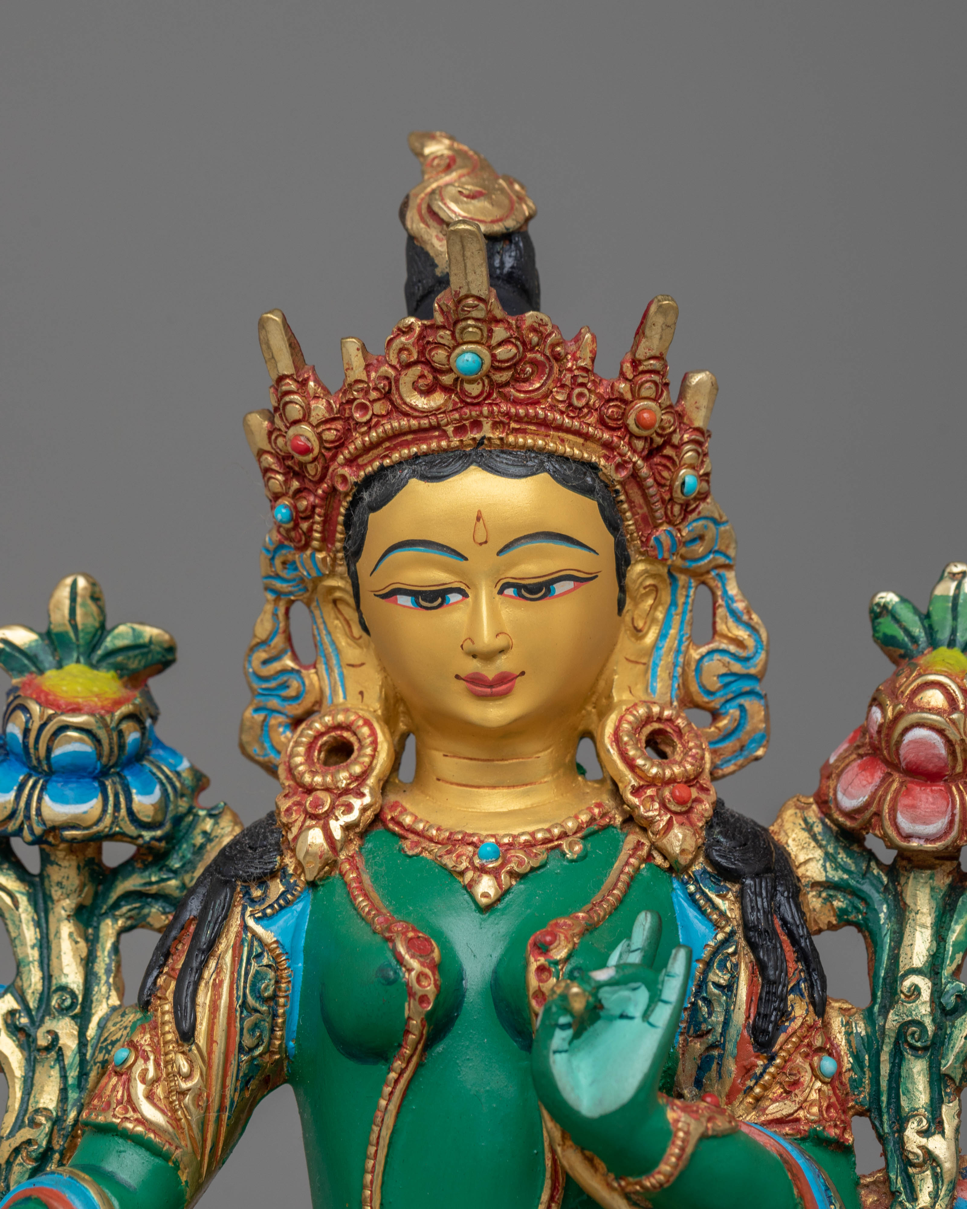 Shyama Tara Statue for Protection | Copper, Gold-Plated with Coral & Turquoise