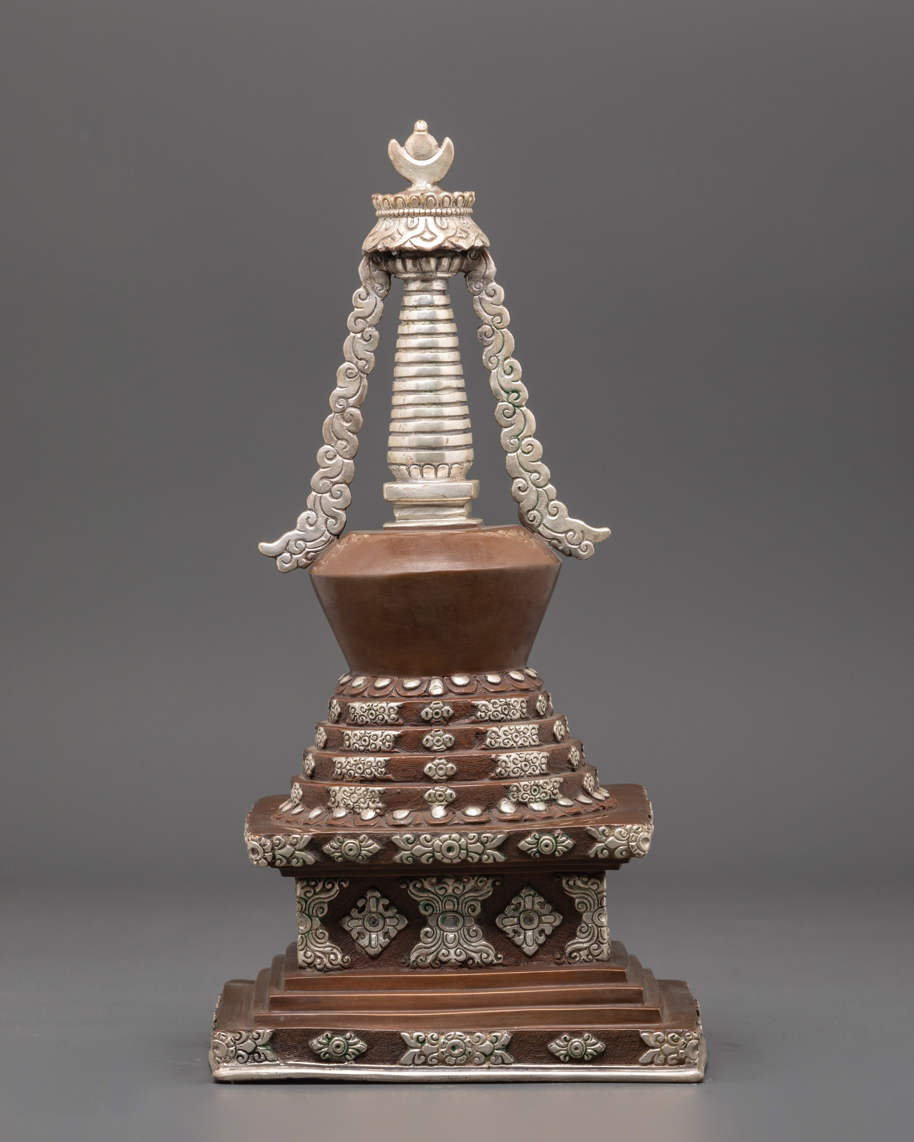 Handcrafted Stupa with Protective Deity | Silver Plated Tibetan Stupa