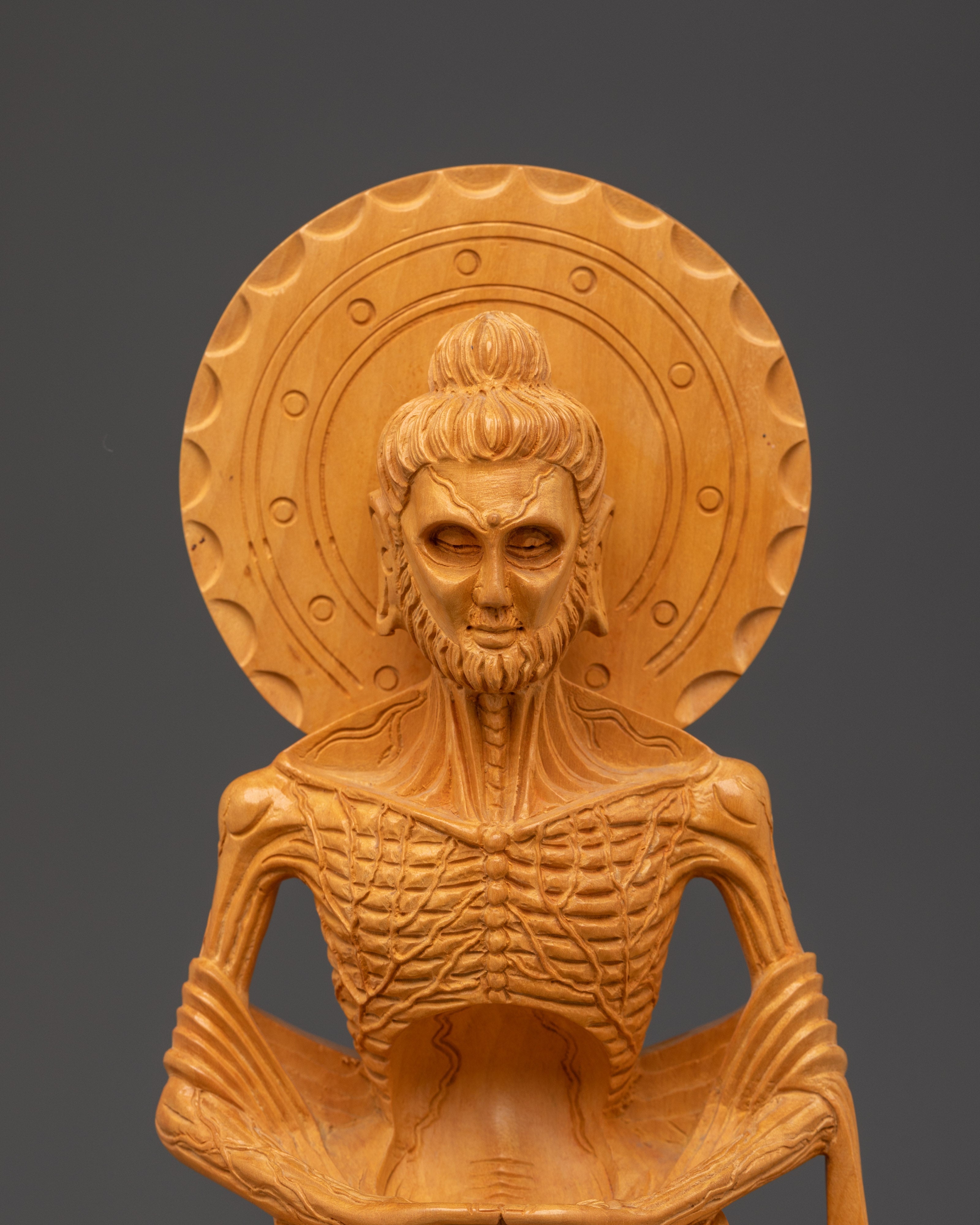Handcarved Fasting Buddha Shakyamuni Statue | Wooden Ascetic Sculpture