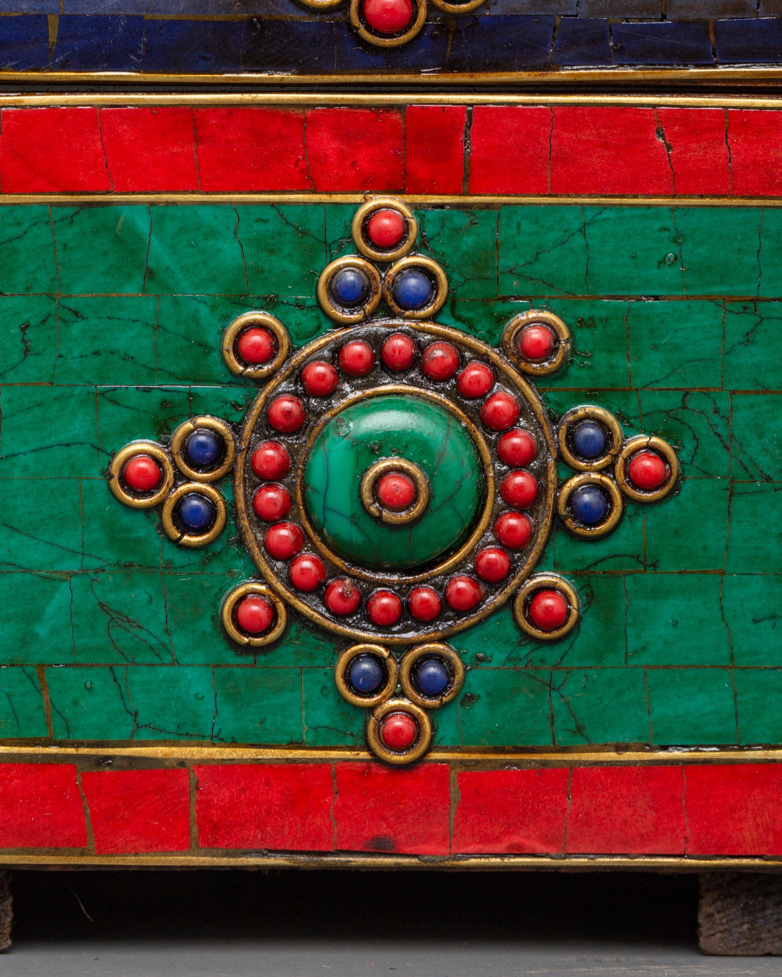 Hand-Painted Tibetan Wooden Box with Brass | Jewelry or Ritual Box