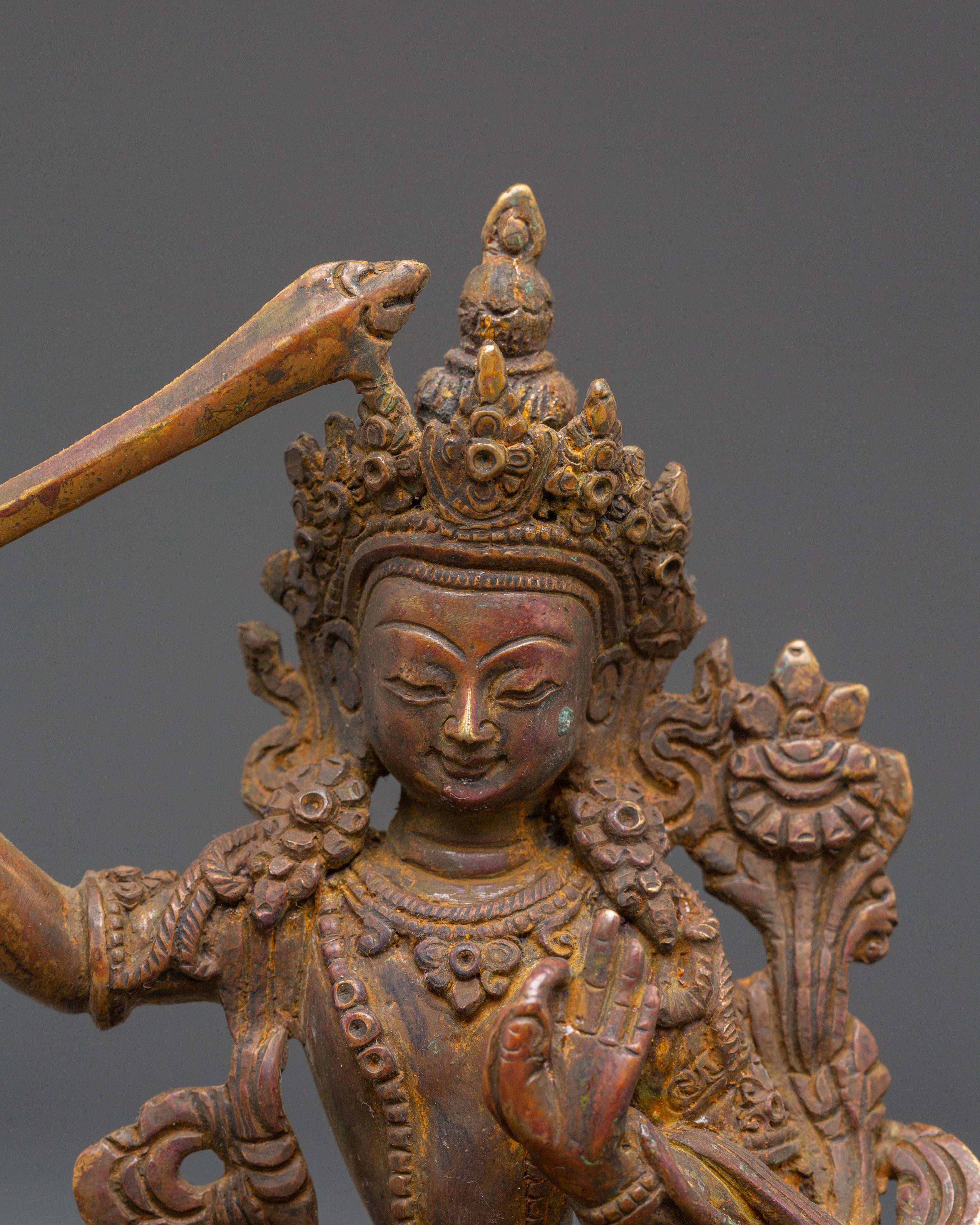 Handcrafted Copper Manjushri Statue | Wisdom Buddha Meditation Sculpture