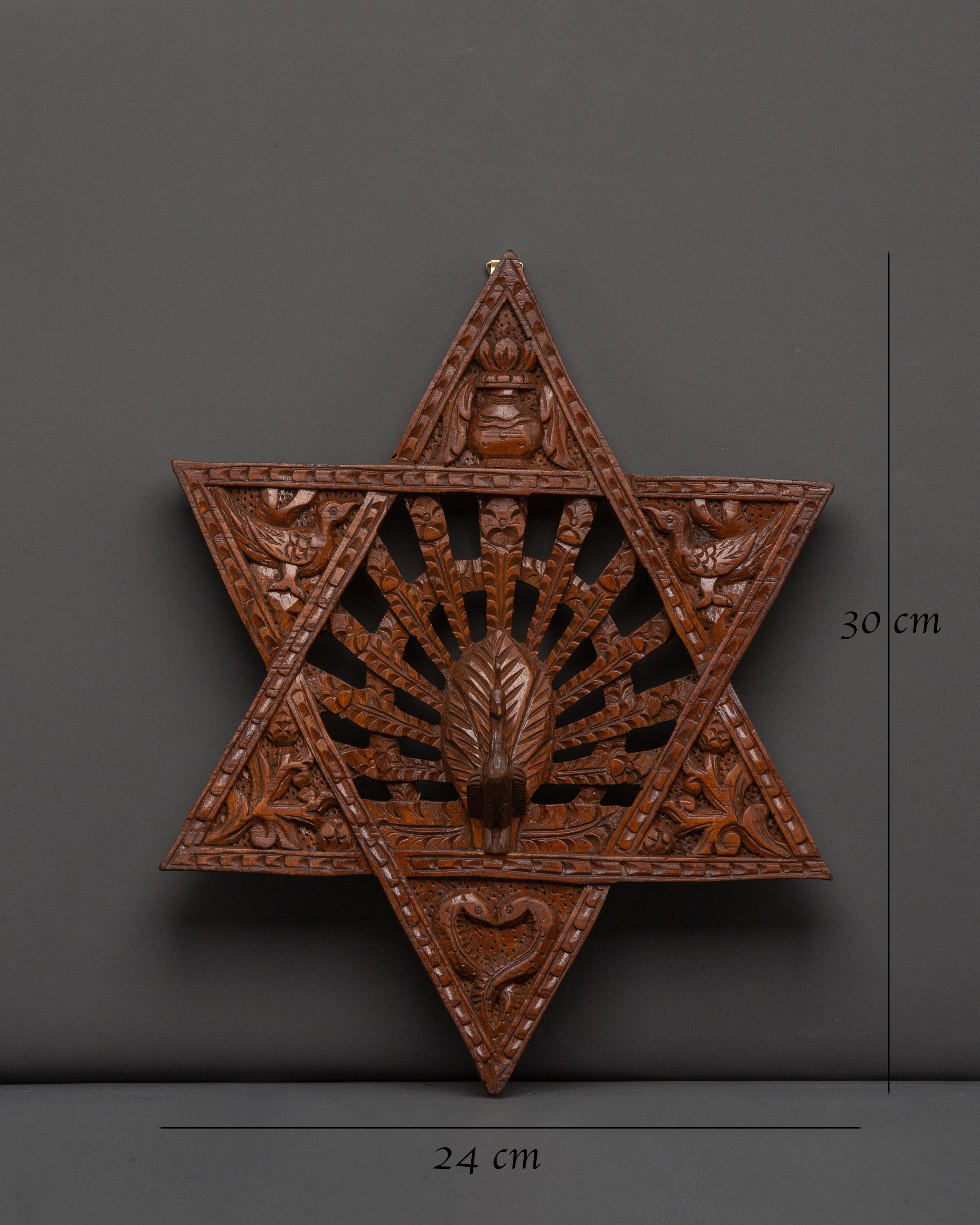 Traditional Star Peacock Wall Art | Hand Carved Wooden Wall Decor