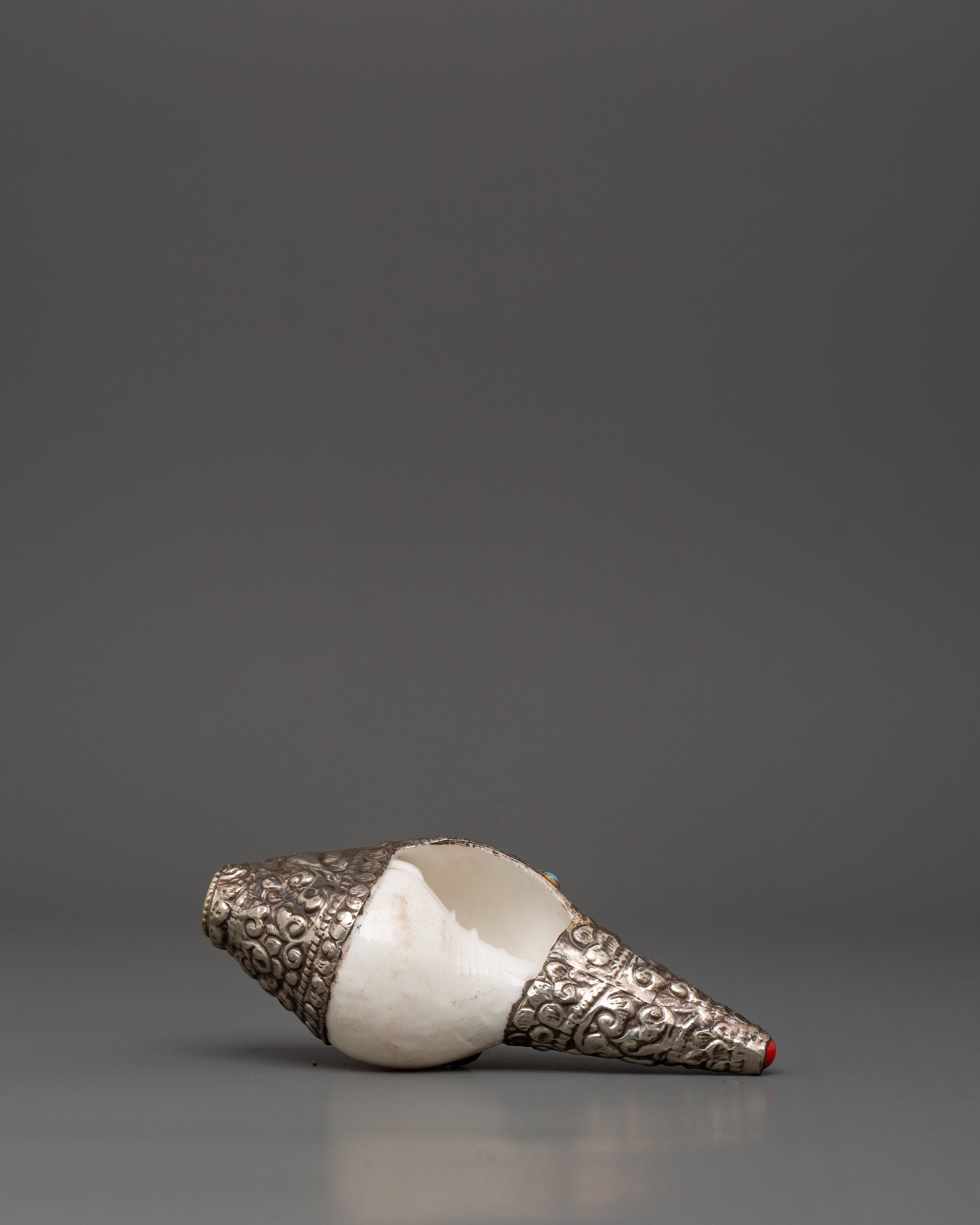 Silver Plated Conch Shell with Turquoise & Coral Inlays | Spiritual Home Decor