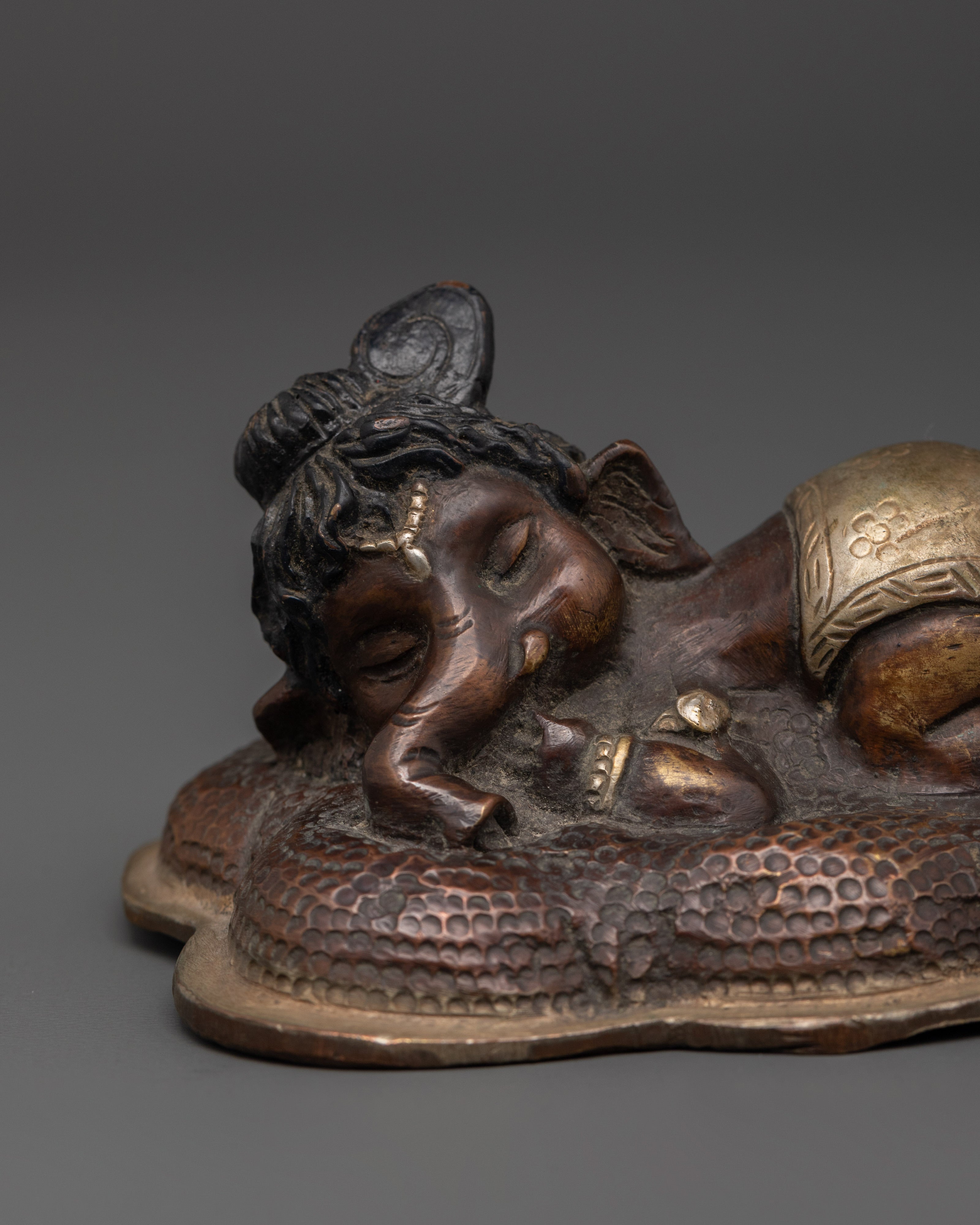 Handmade Oxidized Ganesh Statue in Copper | Sleeping Ganesha Idol for Home Decor