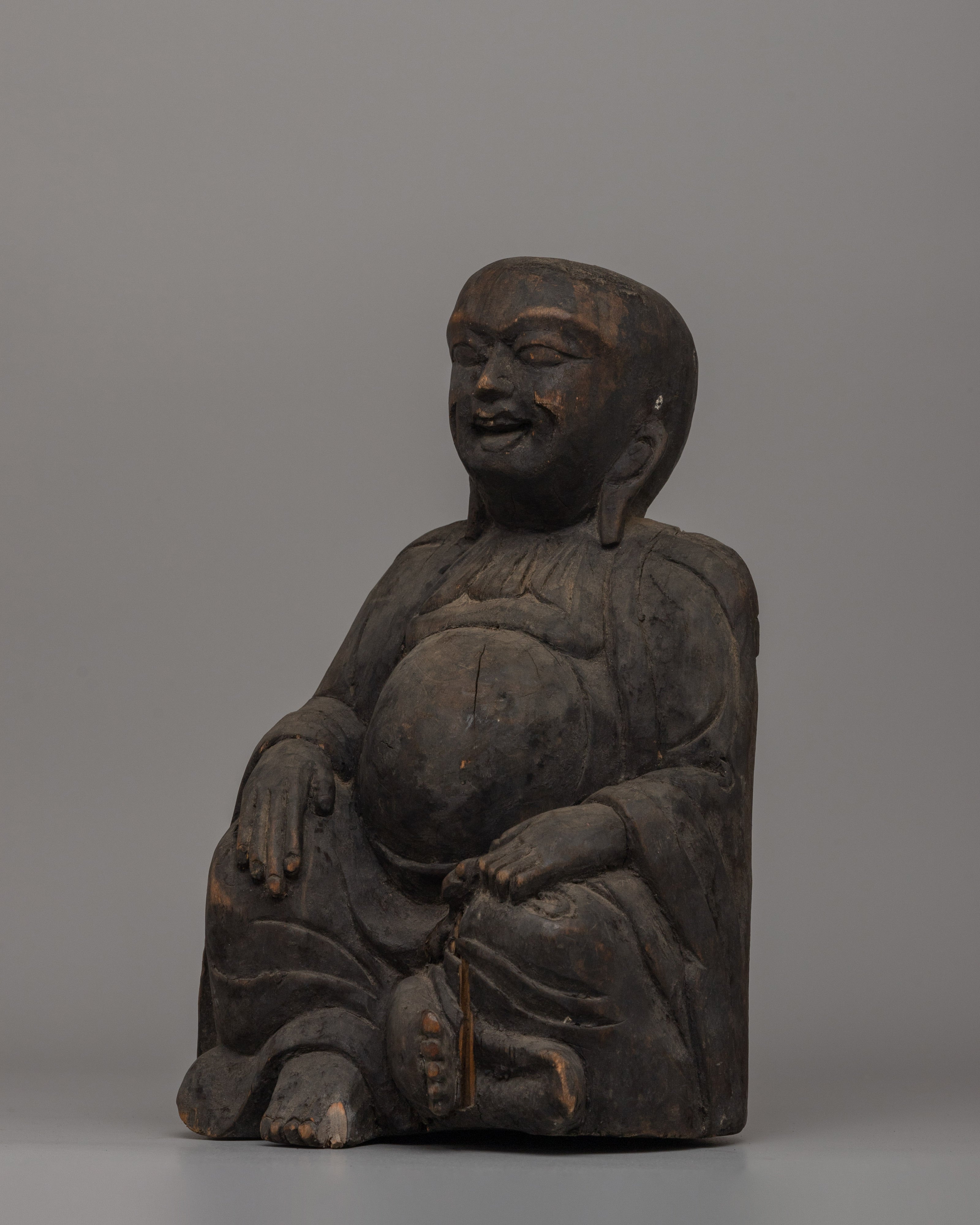 Hand-Carved Wooden Laughing Buddha | Wood Buddha Figurine