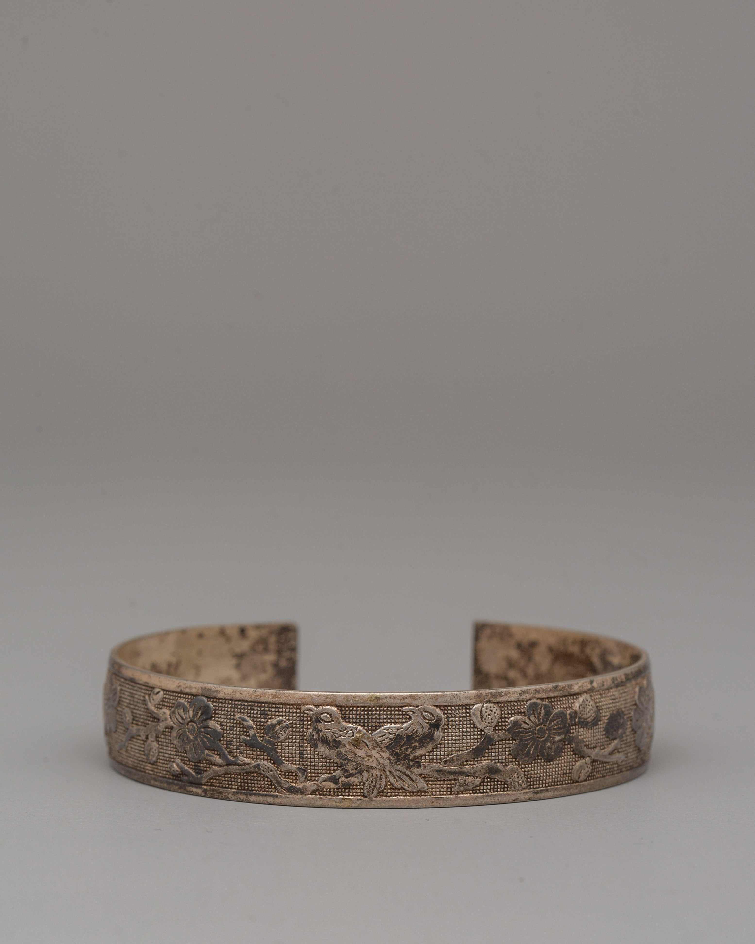 White Metal Buddhist Cuff | Spiritual Jewelry for Harmony and Protection
