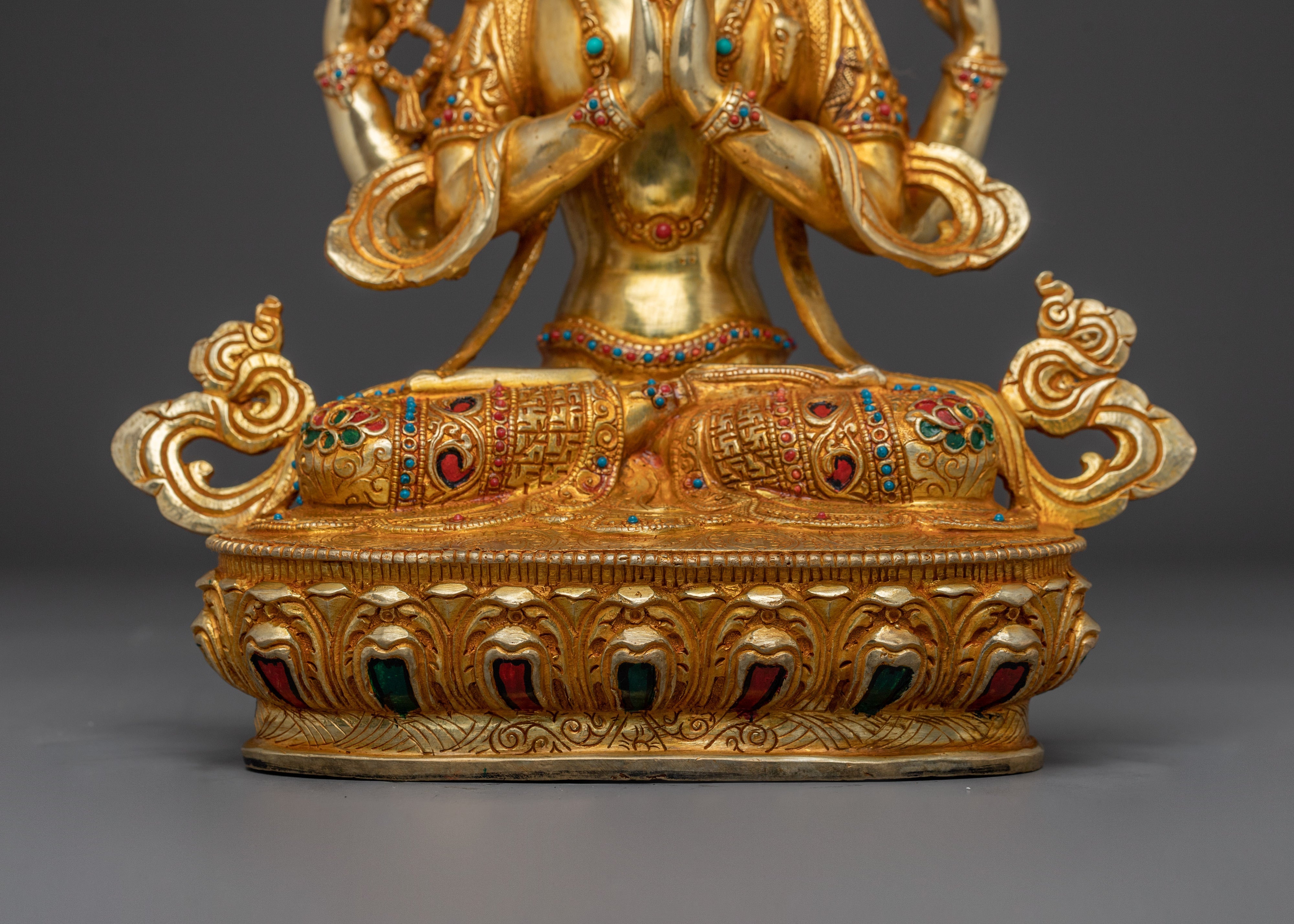 Handcrafted Chenrezig Copper Artwork with Gemstones Statue | Meditation & Spiritual Decor