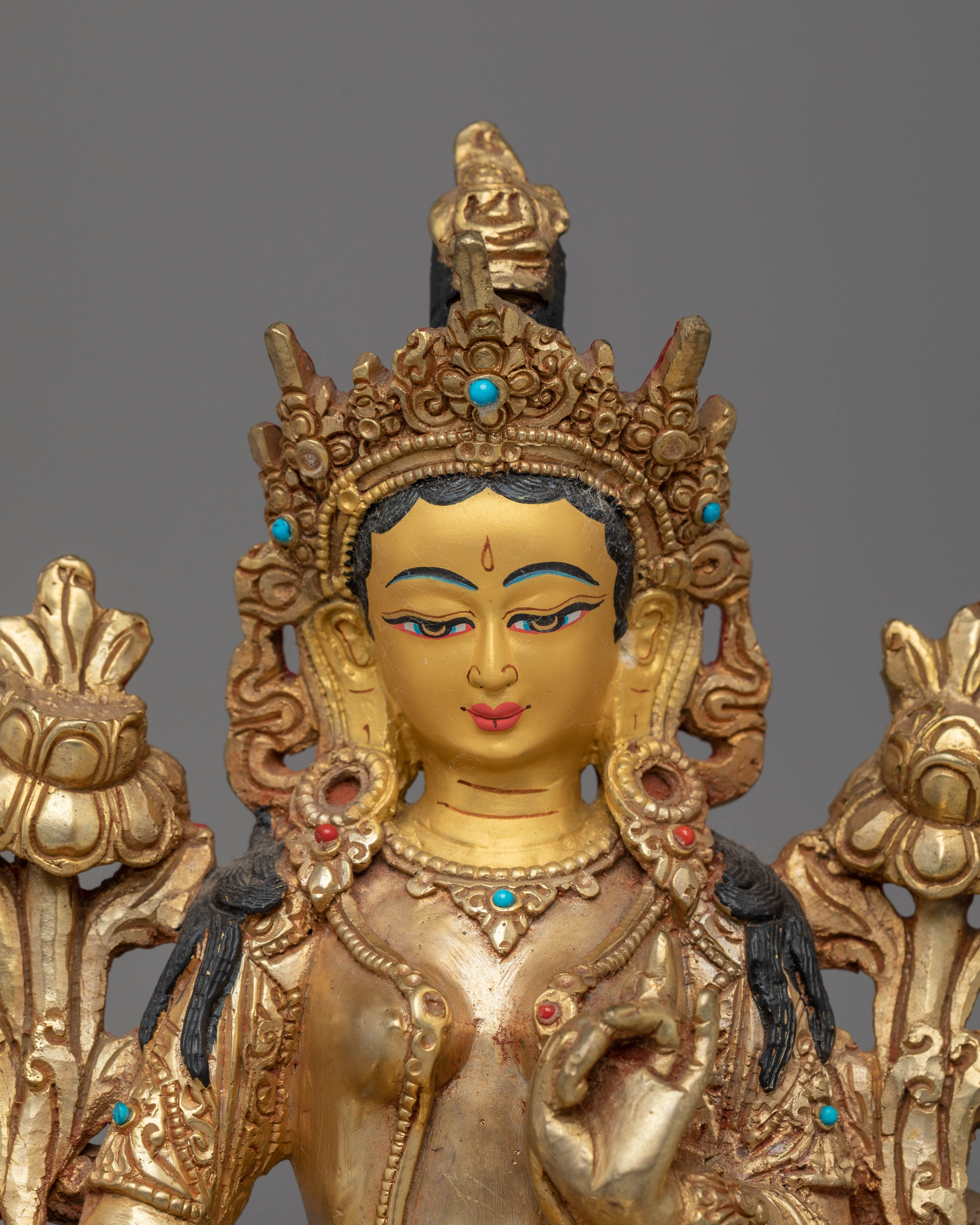 Handcrafted Green Tara Copper Statue with Spiritual Motifs