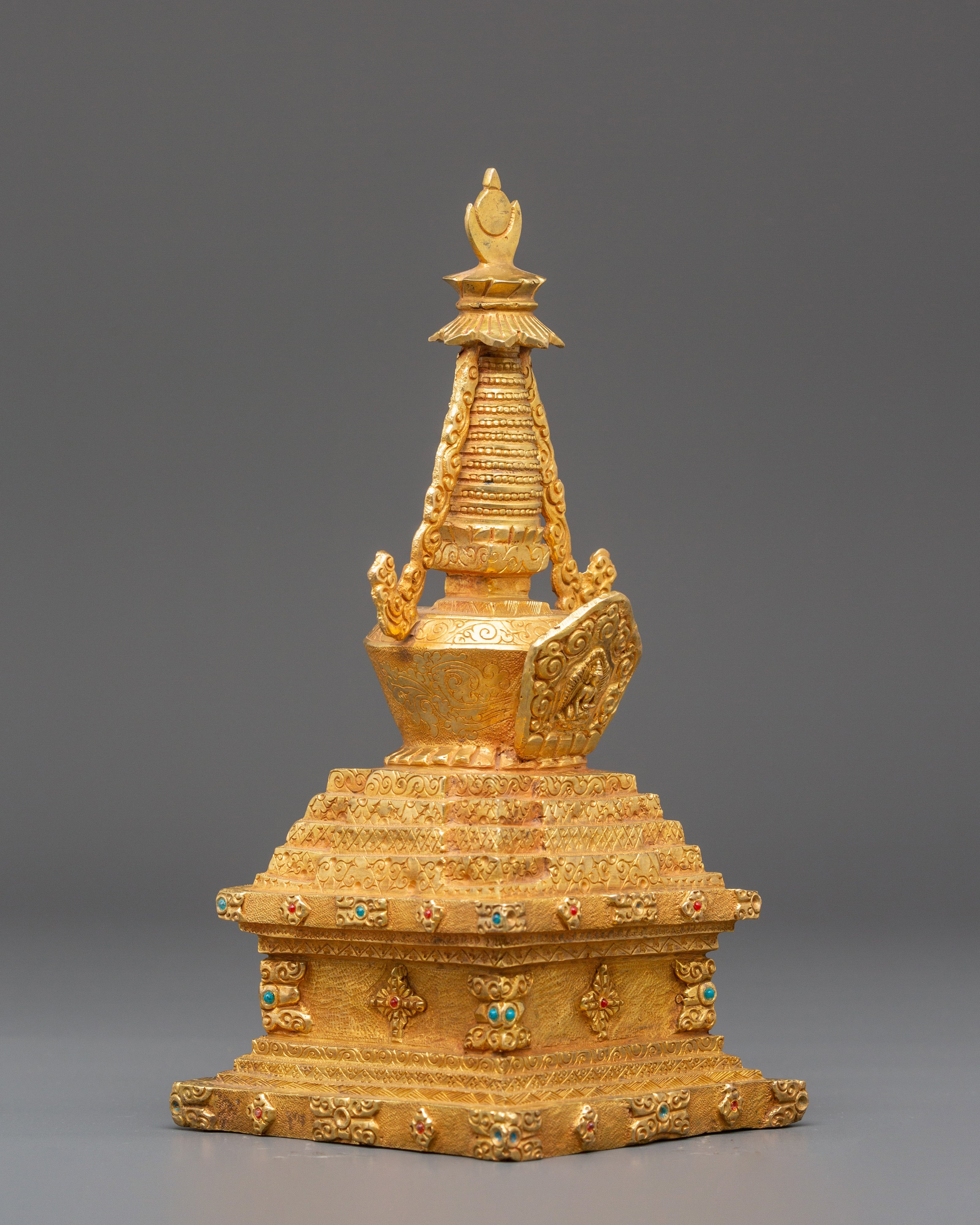 Handcrafted Spiritual Monument Stupa | Gold Plated Tibetan Altar Decor