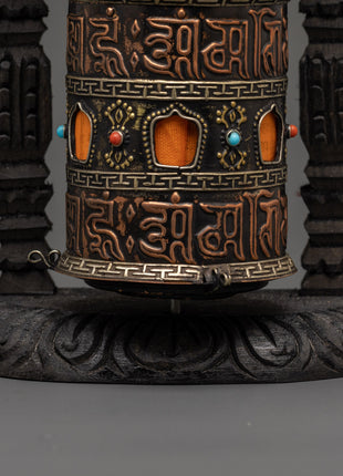Sacred Tibetan Spinning Mantra Wheel | Copper, Coral, and Turquoise Stones