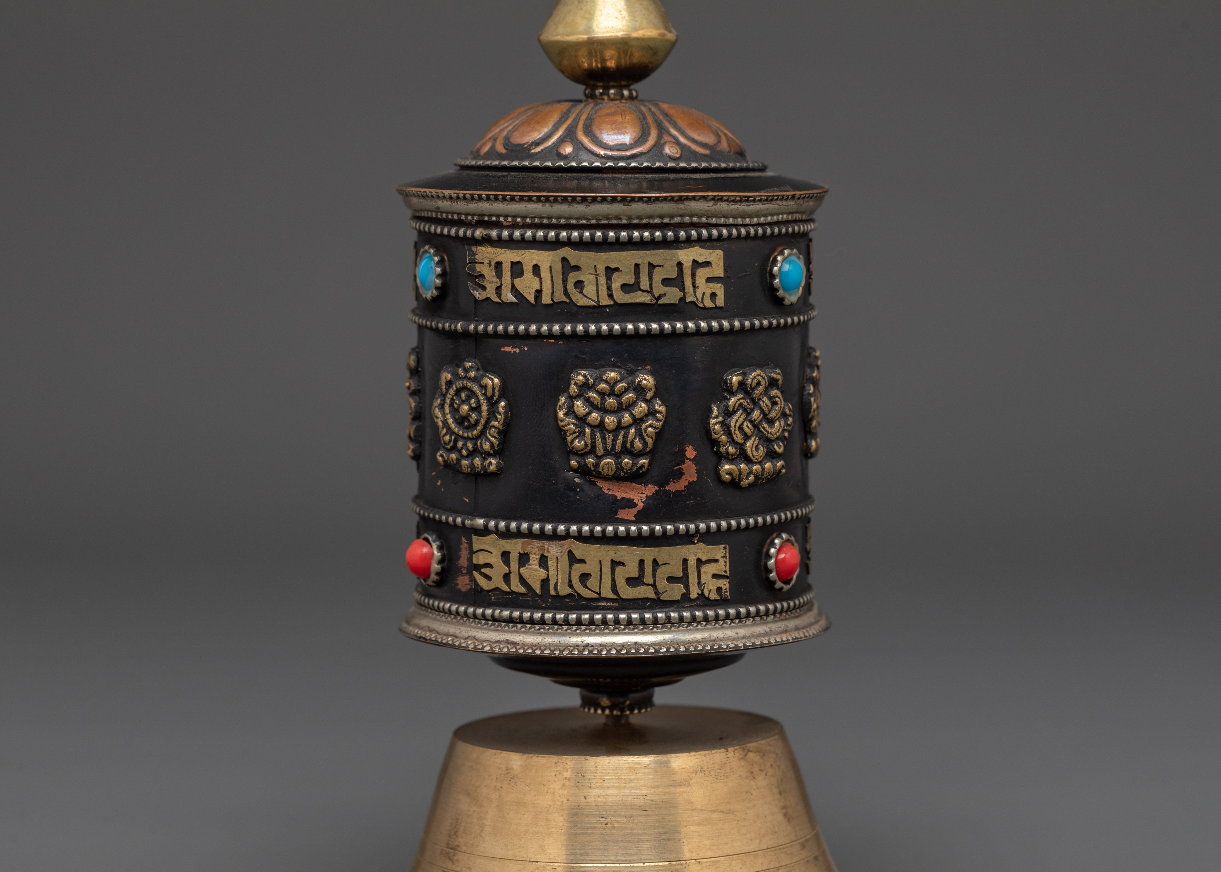 Tibetan Mantra Prayer Wheel with Base | Spinning Altar Decor