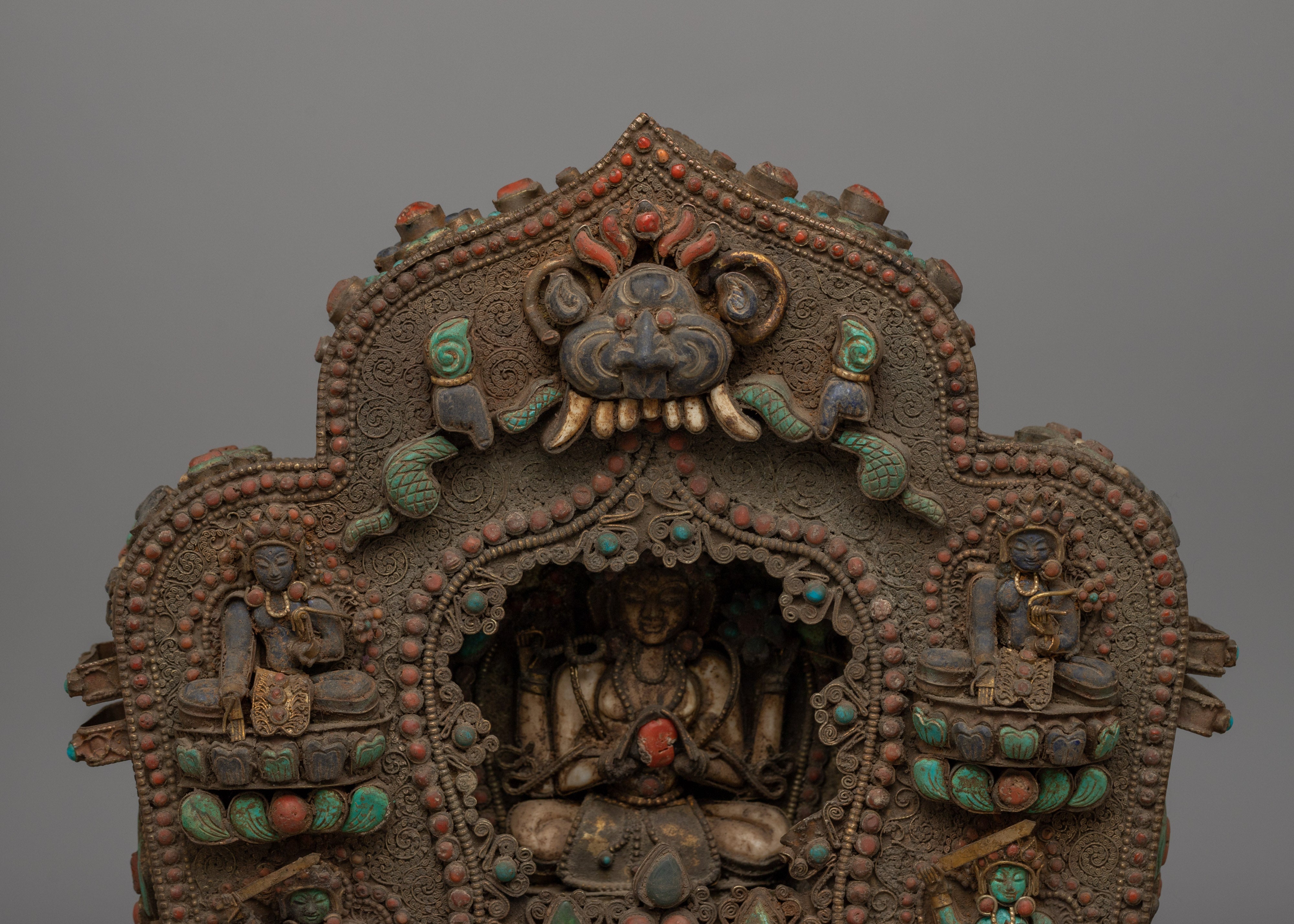 Chenrezig Ghau Box with Turquoise and Coral | Tibetan Amulet Box