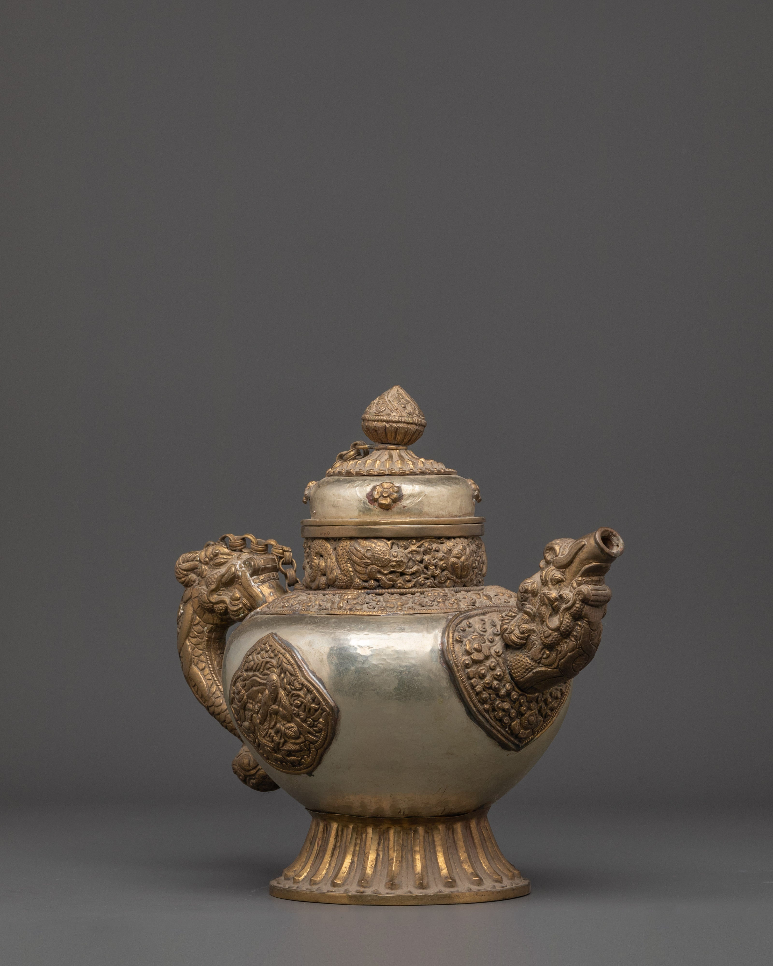 Handcrafted Buddhist Tea Pot | Traditional White Metal Pot with Dragon Handles