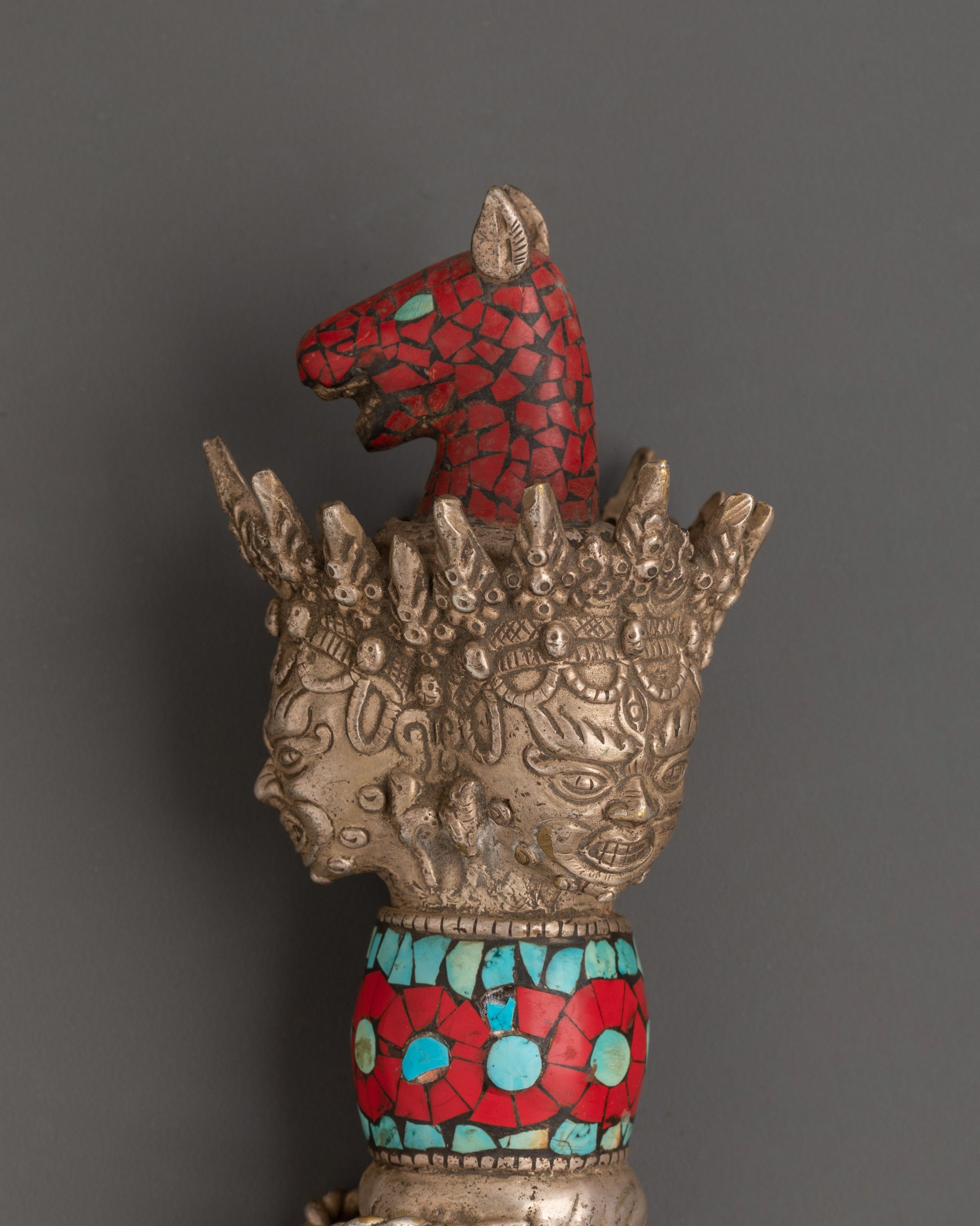Tibetan Kartika Flaying Knife | Brass & Silver Plated Ritual Knife with Coral and Turquoise
