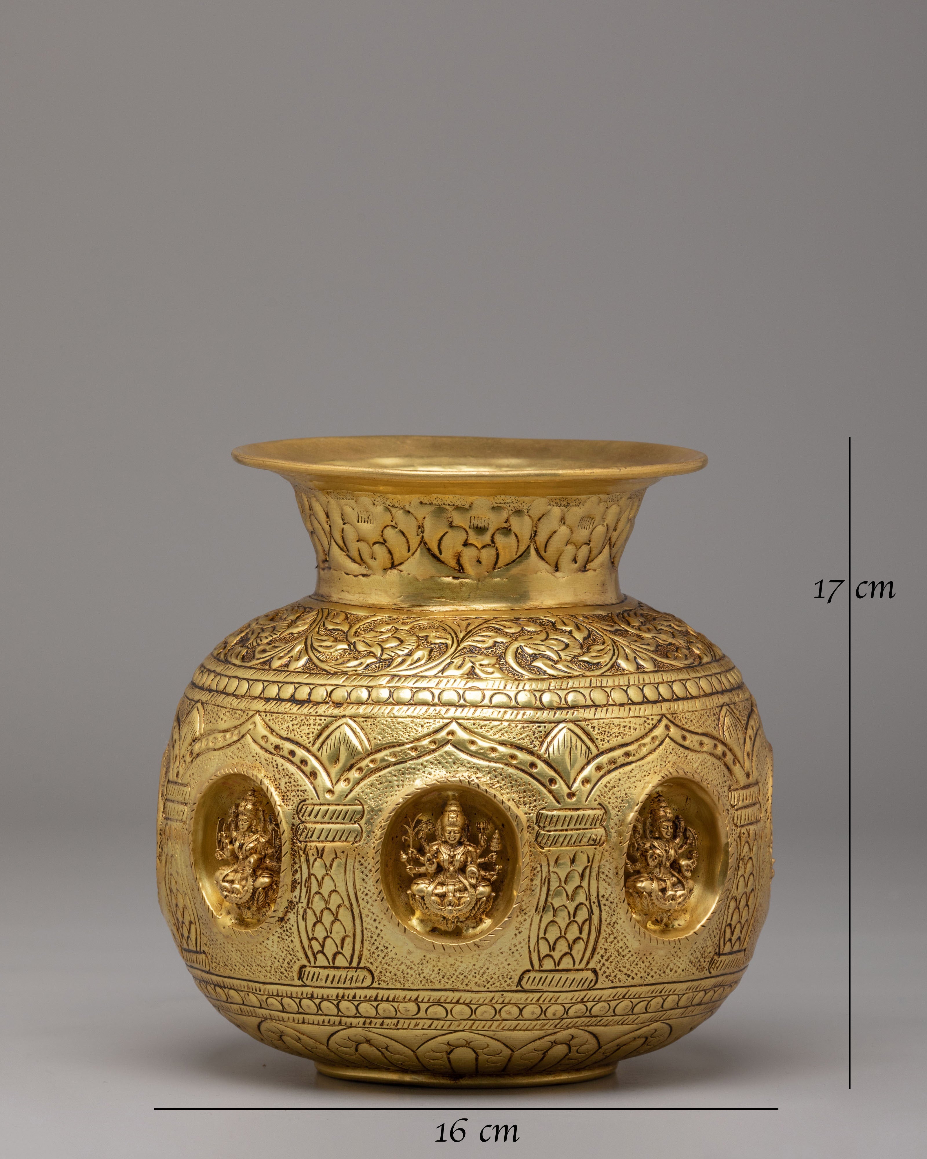 Deities Carved Kalash | Brass Sacred Vessel | Handcrafted Altar Ornament