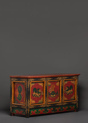 Hand-Carved Tibetan Wooden Cabinet with Door | Sacred Symbols and Artisan Detailing