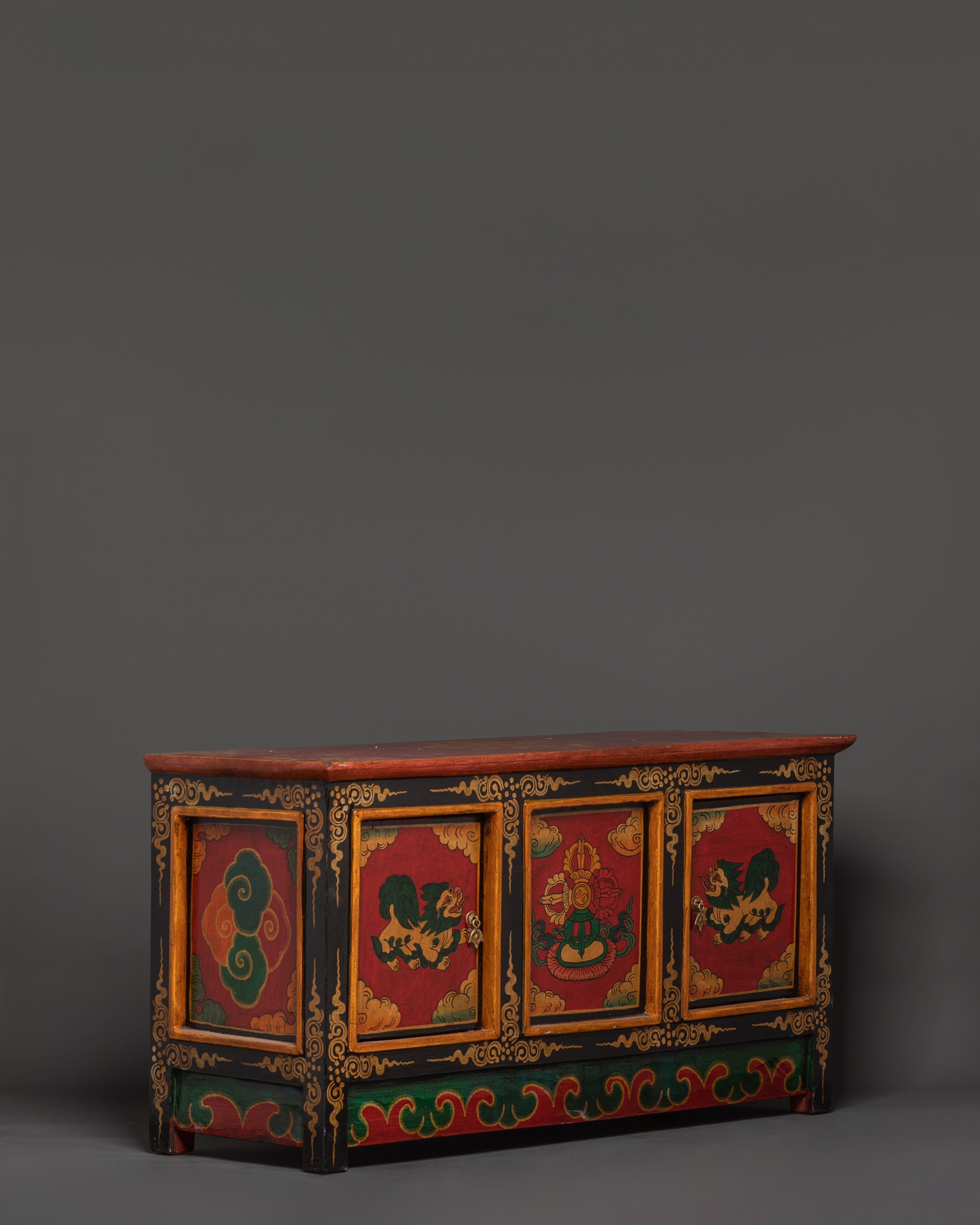 Hand-Carved Tibetan Wooden Cabinet with Door | Sacred Symbols and Artisan Detailing