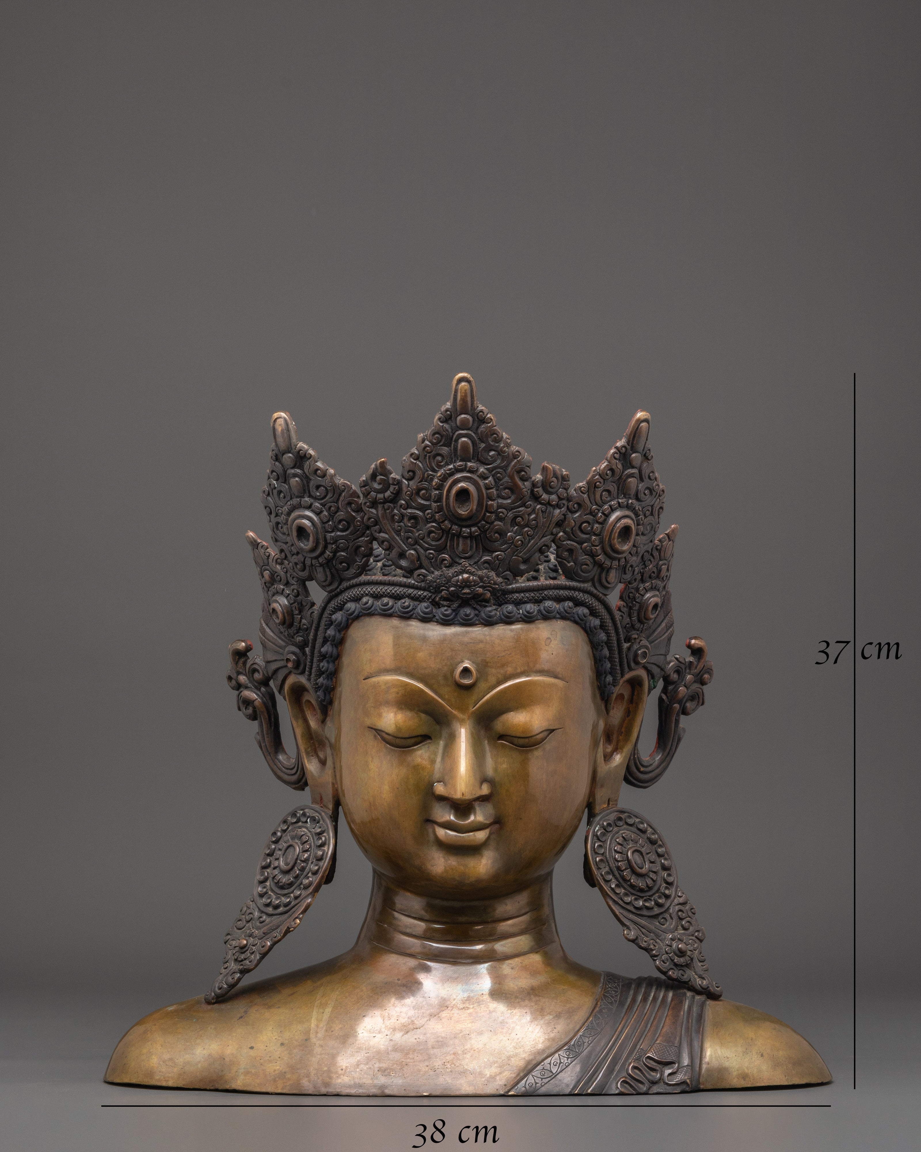 Tibetan Buddha Head Sculpture | Oxidized Copper Bust with Crown & Earrings