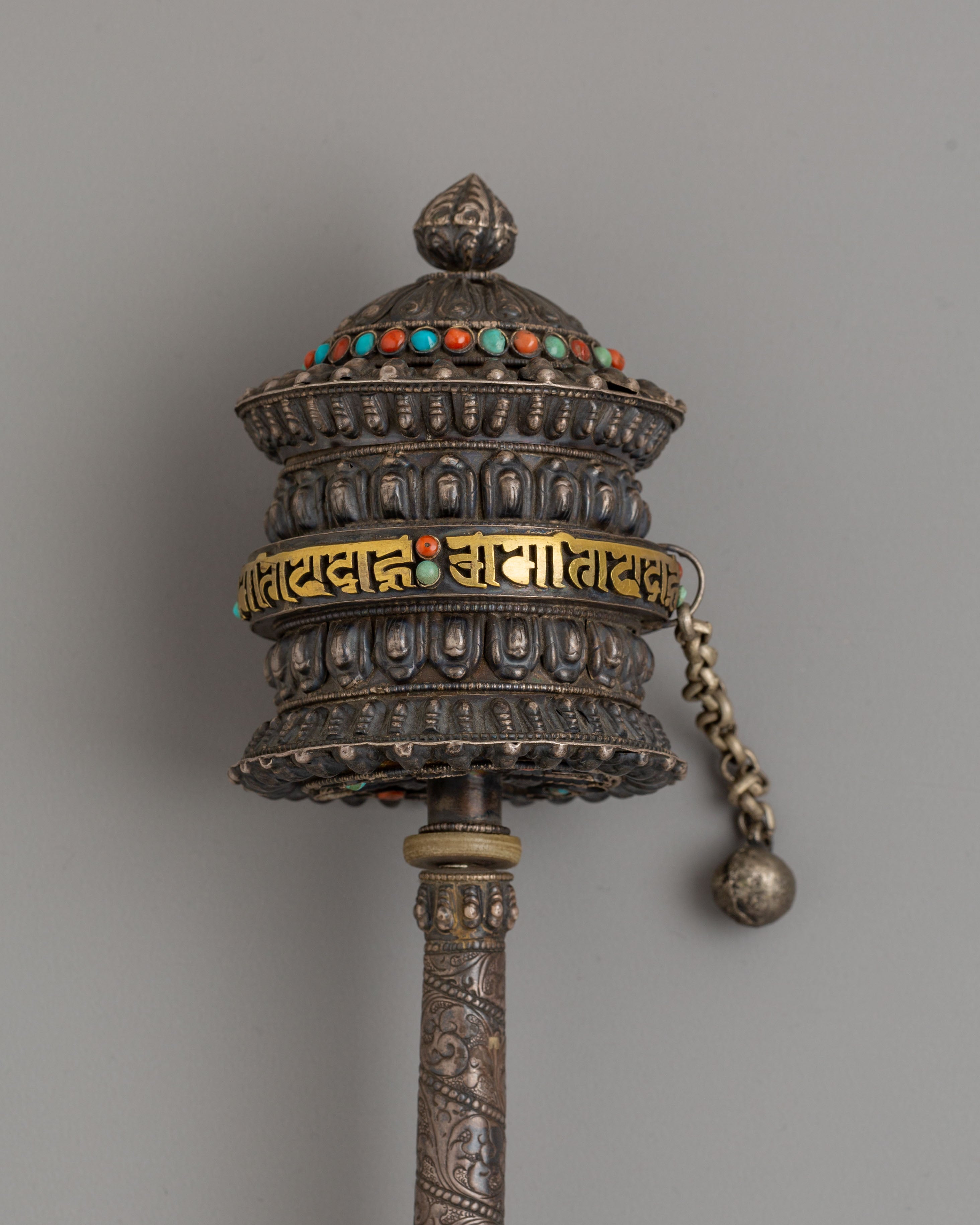 Handcrafted Traditional Prayer Wheel | Copper with Silver, Turquoise & Coral