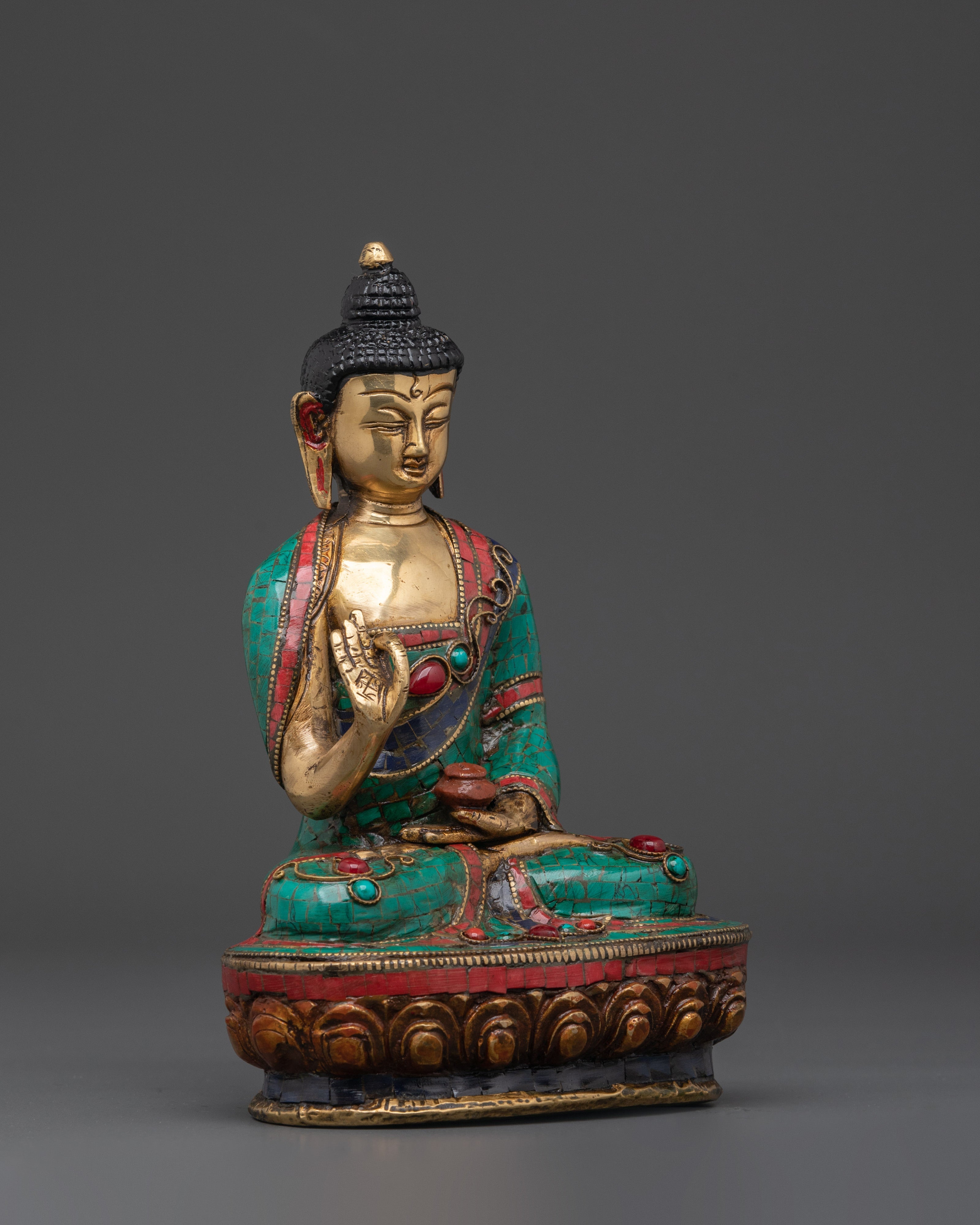 Handmade Amoghasiddhi Buddha Sculpture | Brass, Coral & Turquoise Inlay