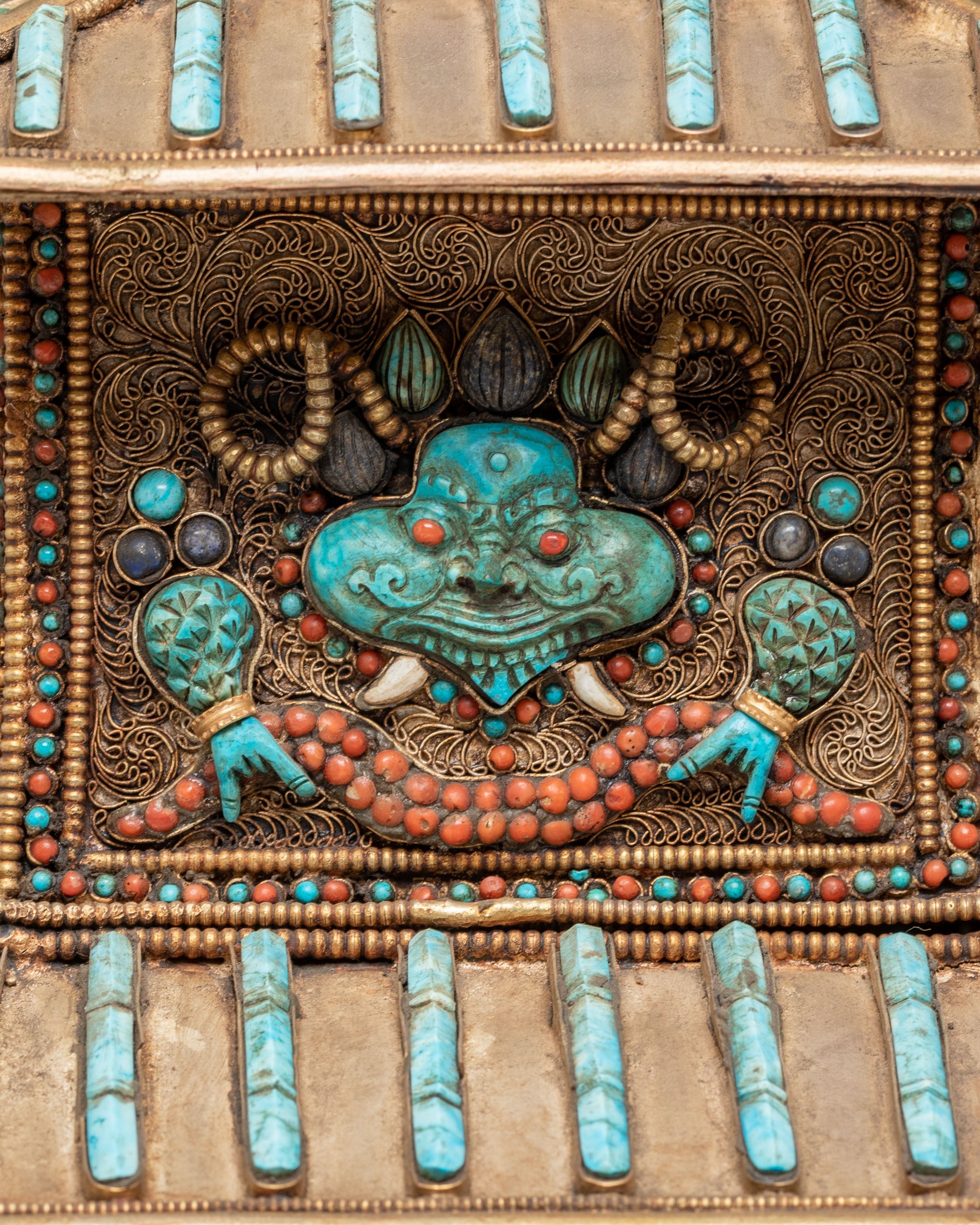 Tibetan Stupa with Deities and Turquoise Inlays | Copper & Semi-Precious Stones