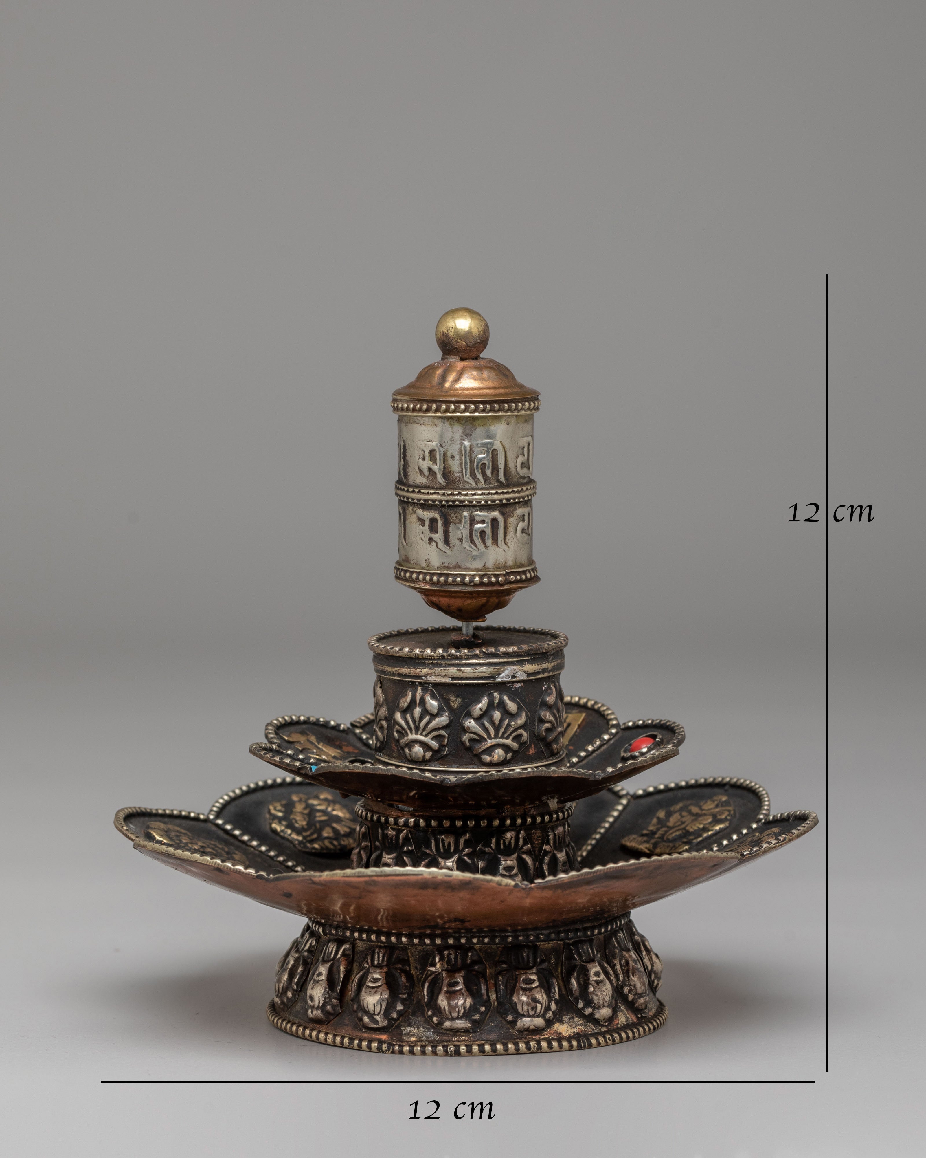 Tibetan Prayer Wheel on Floral Base | Spiritual Symbol of Compassion and Blessings