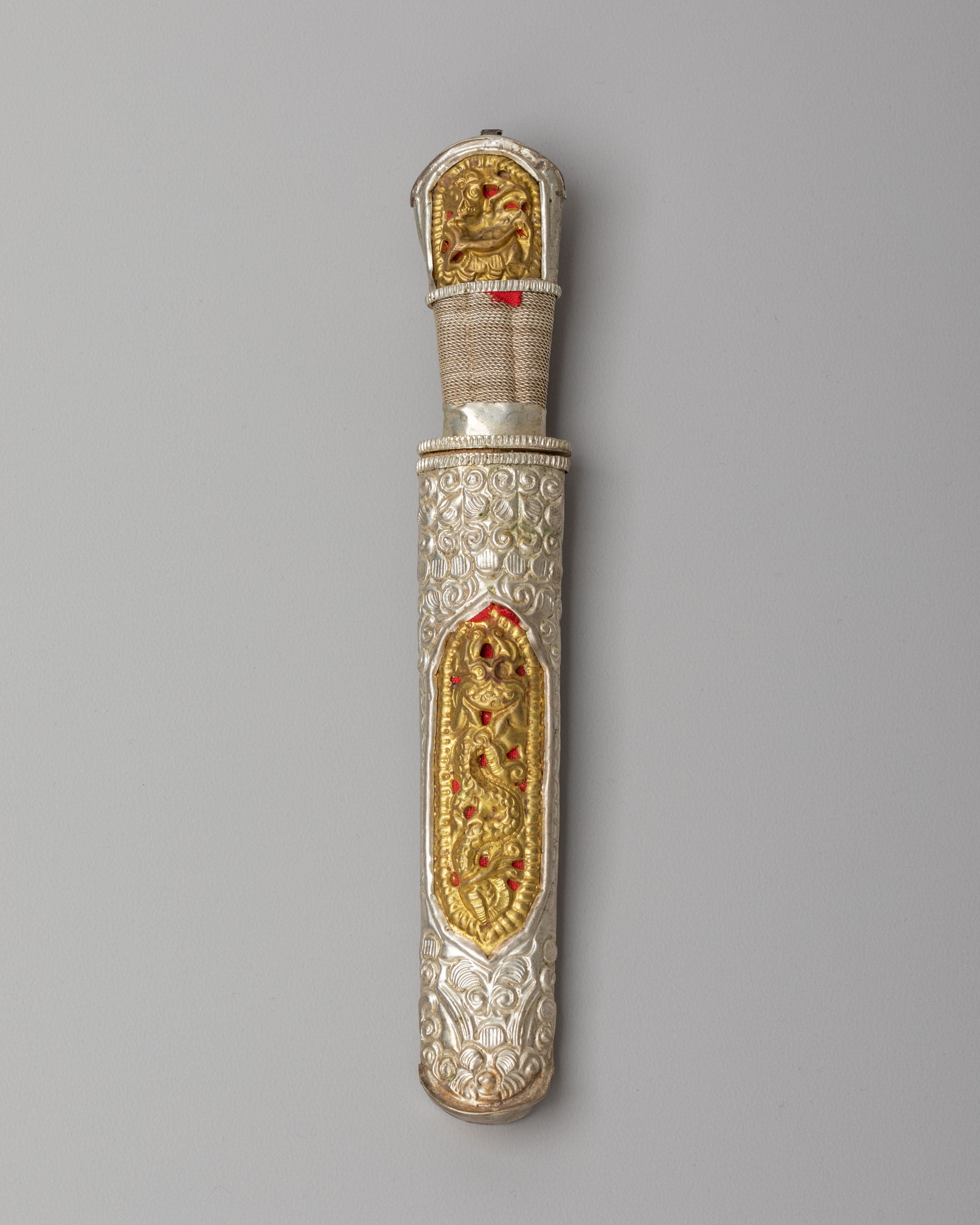 Buddhist Ceremonial Ritual Knife | Silver and Gold Plated Himalayan Ritual Object