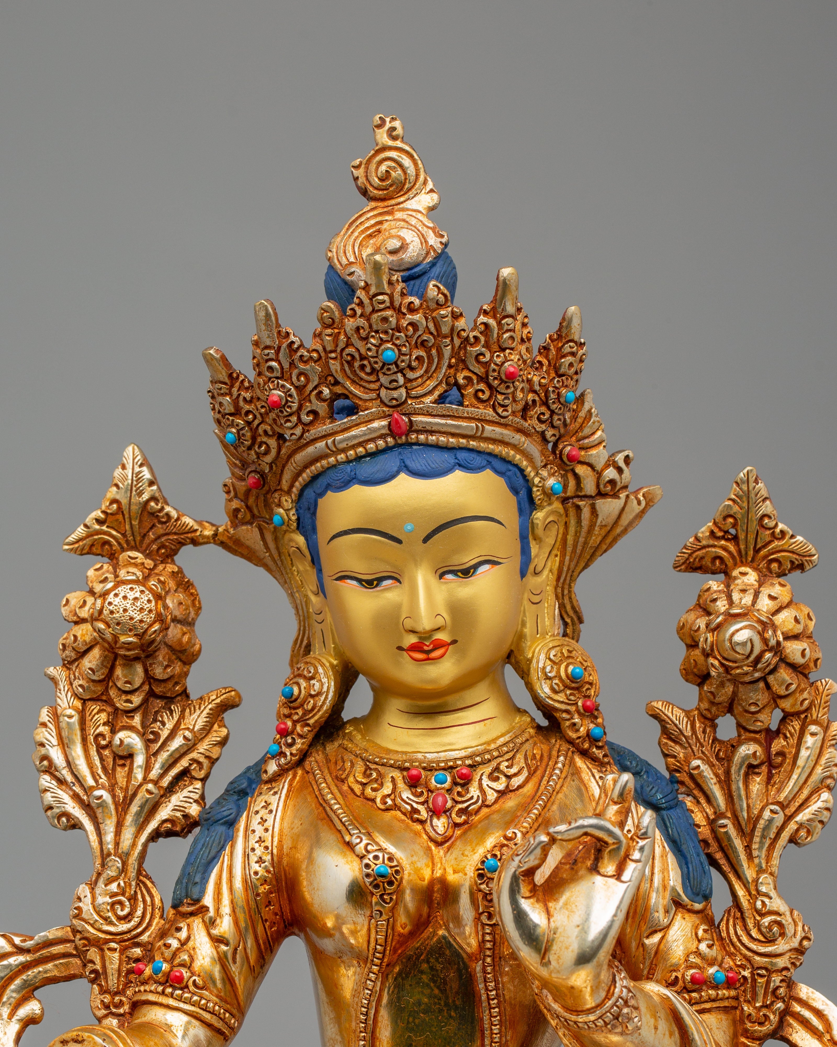 Handcrafted Green Tara Altar Sculpture | 24K Gold Plated Copper Statue
