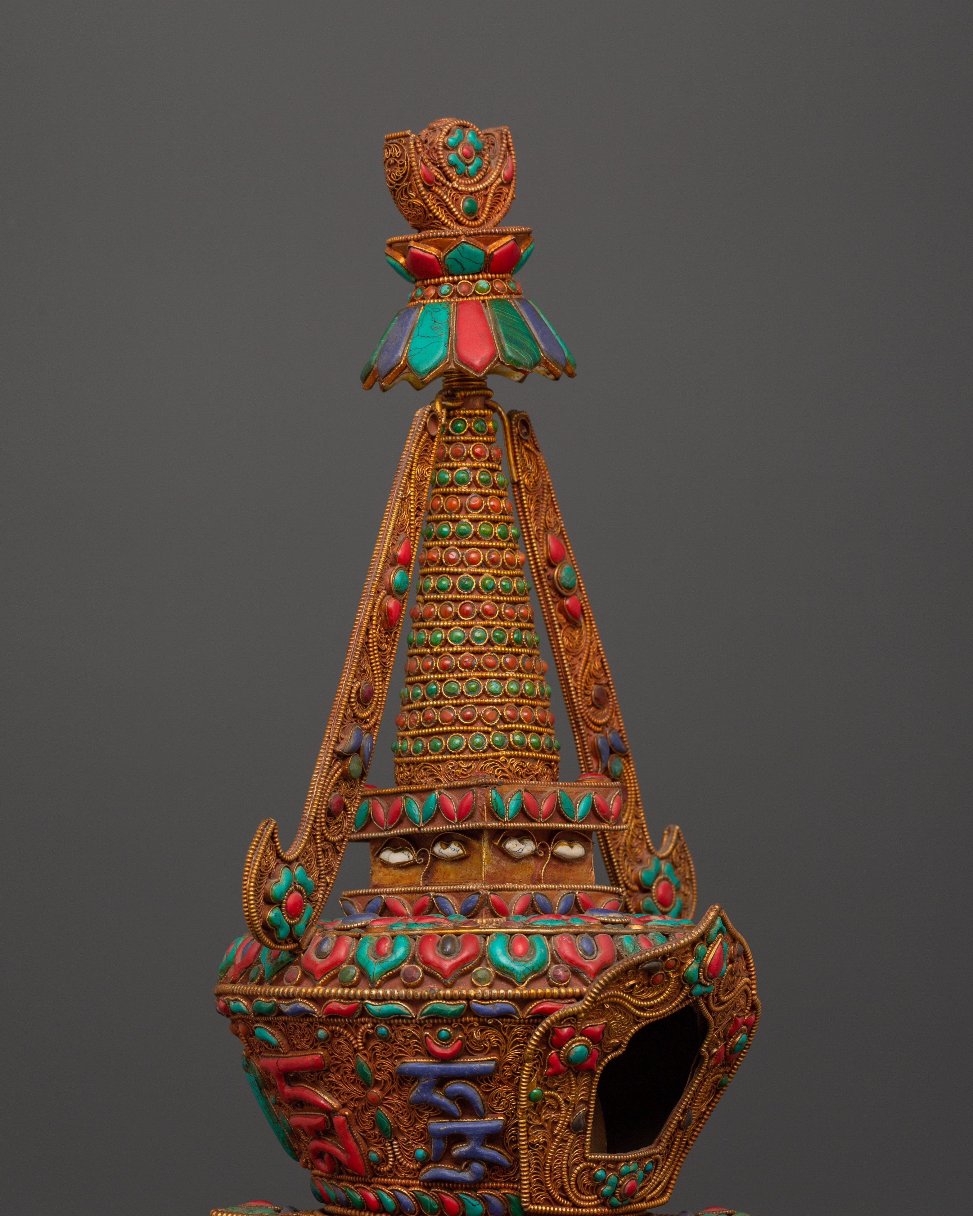 Copper Buddhist Chorten with Turquoise and  Coral | Spiritual Symbol of Peace