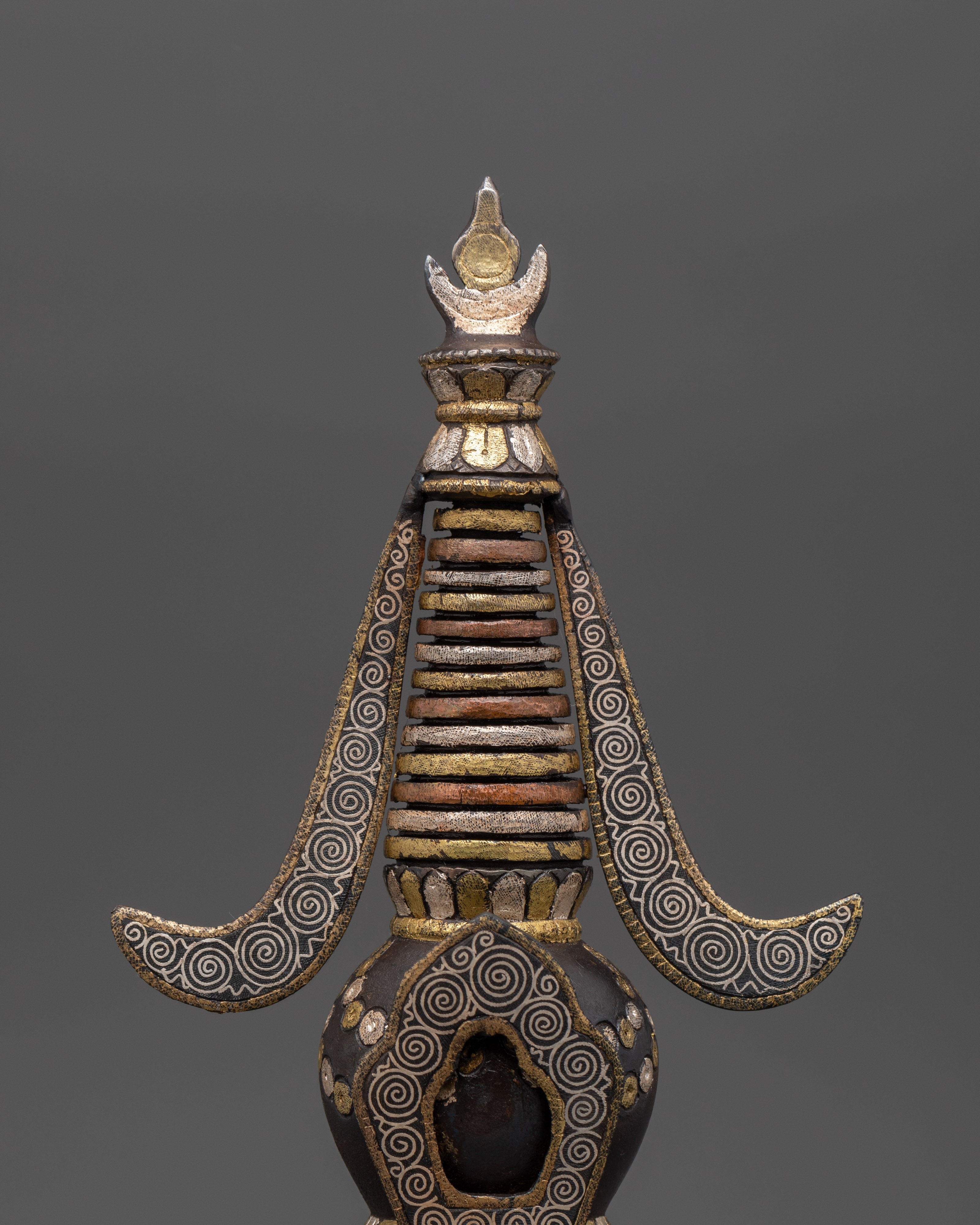 Handcrafted Iron Stupa with Silver Plating & Brass Inlay | For Altar Decor