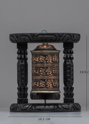Handcrafted Tabletop Tibetan Prayer Wheel | Copper Body & Wooden Frame