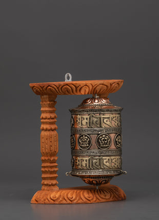 Large Copper & Brass Prayer Wheel | Sacred Wood Frame