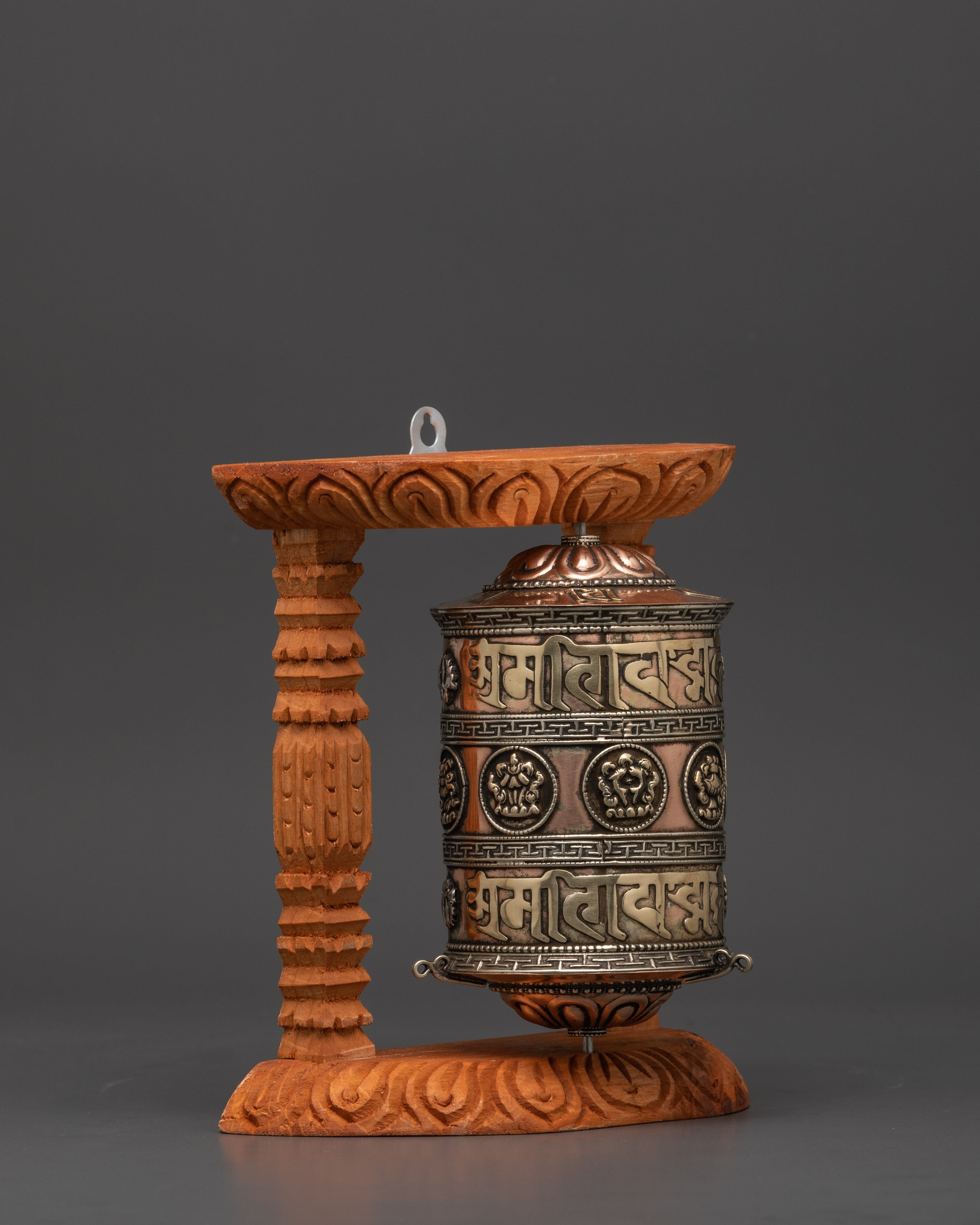 Large Copper & Brass Prayer Wheel | Sacred Wood Frame