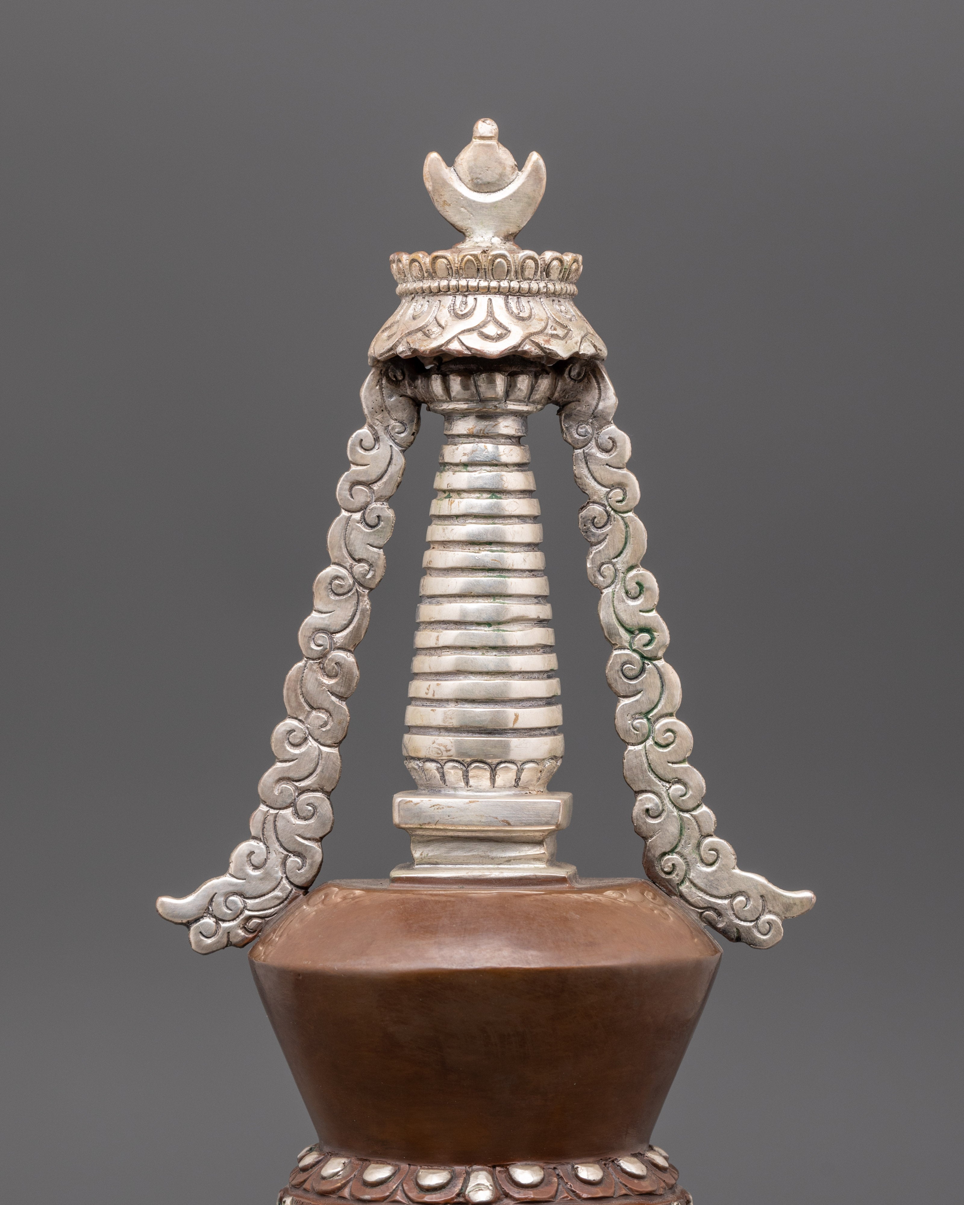 Handcrafted Stupa with Protective Deity | Silver Plated Tibetan Stupa