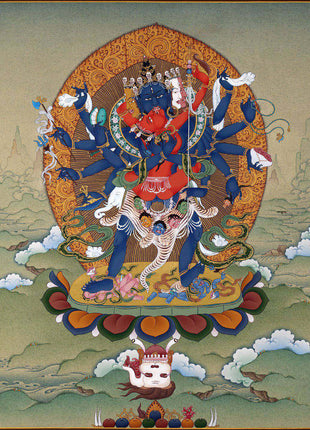 12 Armed Chakrasamvara, Tibetan Thangka in Natural Stone Colors