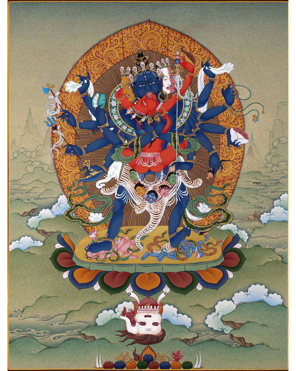 12 Armed Chakrasamvara, Tibetan Thangka in Natural Stone Colors