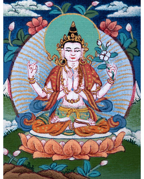 Avalokiteshvara Buddhism Mini Thangka | Traditional Buddhist Art