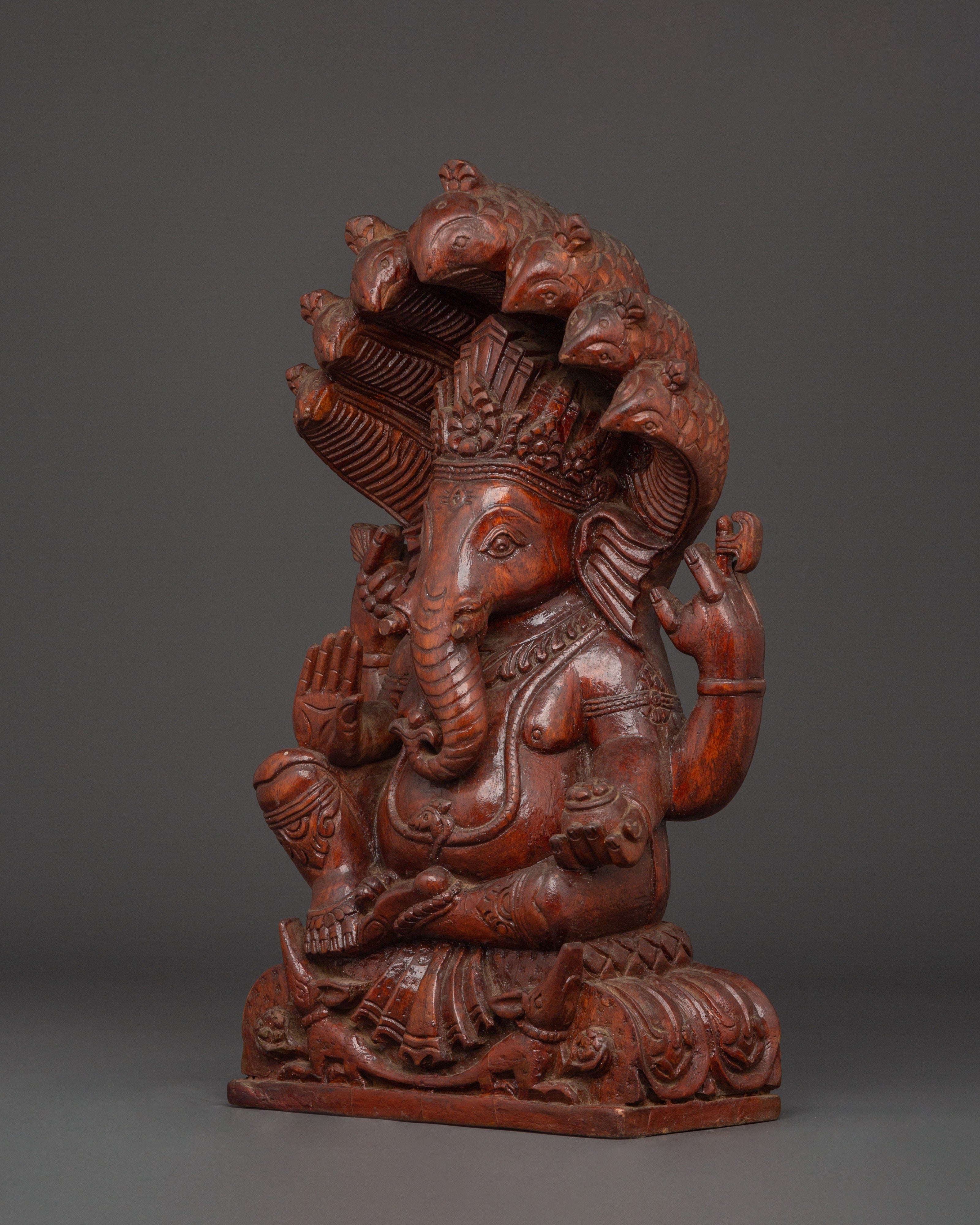 Handcrafted Wooden Ganesha Sculpture | Hindu Elephant Deity Figurine