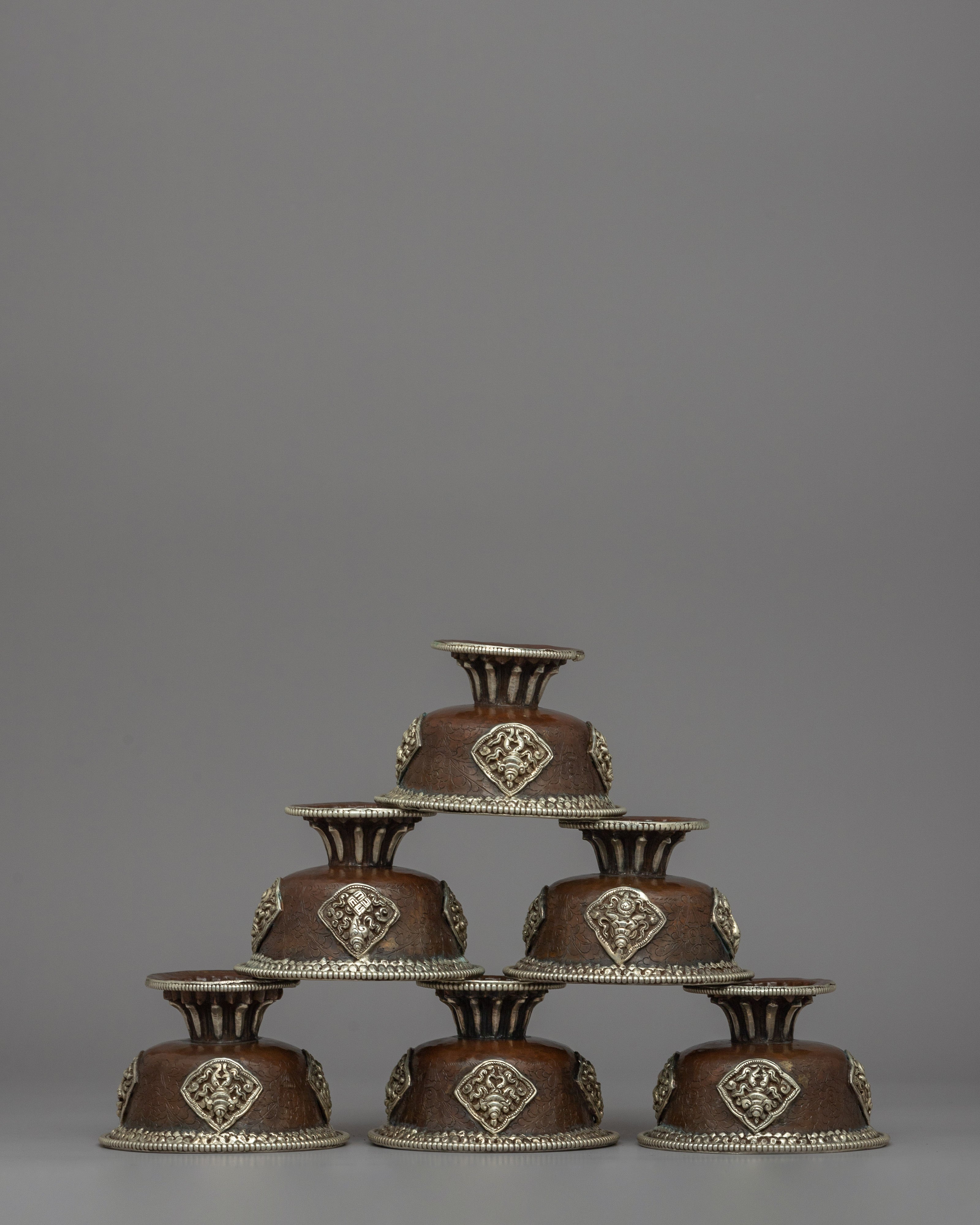 Seven Tibetan Offering Bowls | Beautiful Motifs for Rituals & Ceremonies
