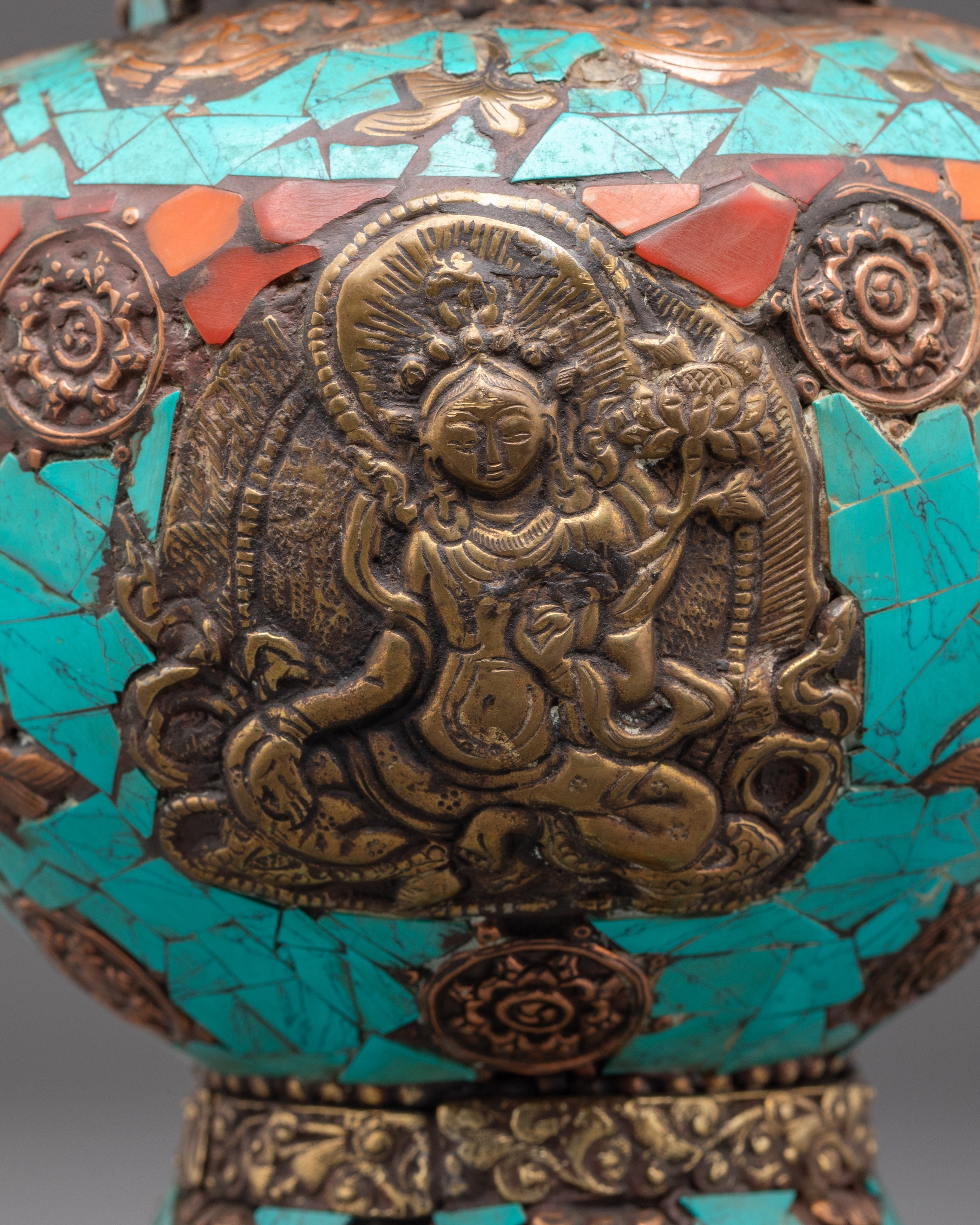 Copper Rice Pot with Turquoise and Coral Inlay | Symbol of Abundance and Prosperity