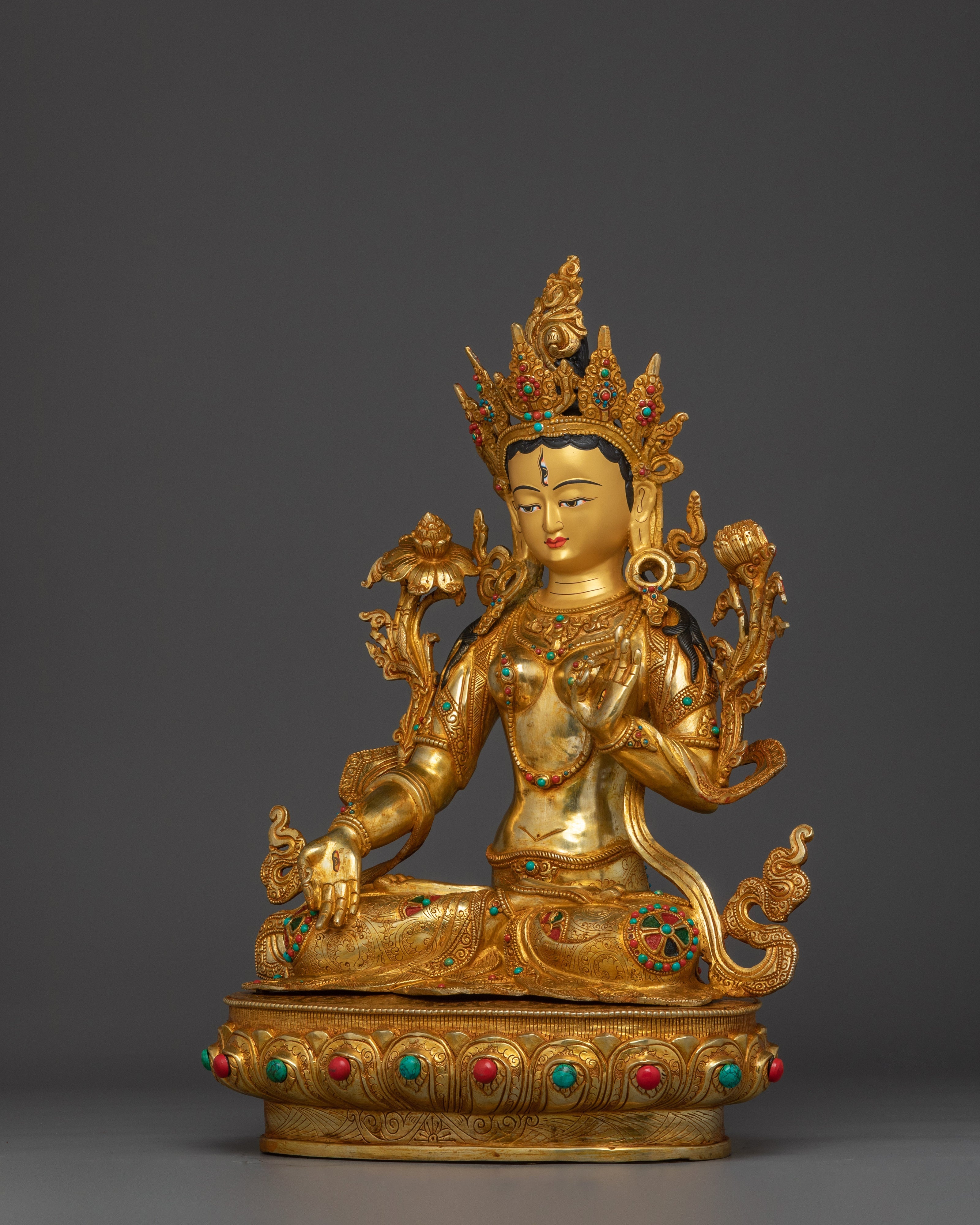 Handcrafted White Tara with Gemstones | Copper Sculpture of Healing & Longevity