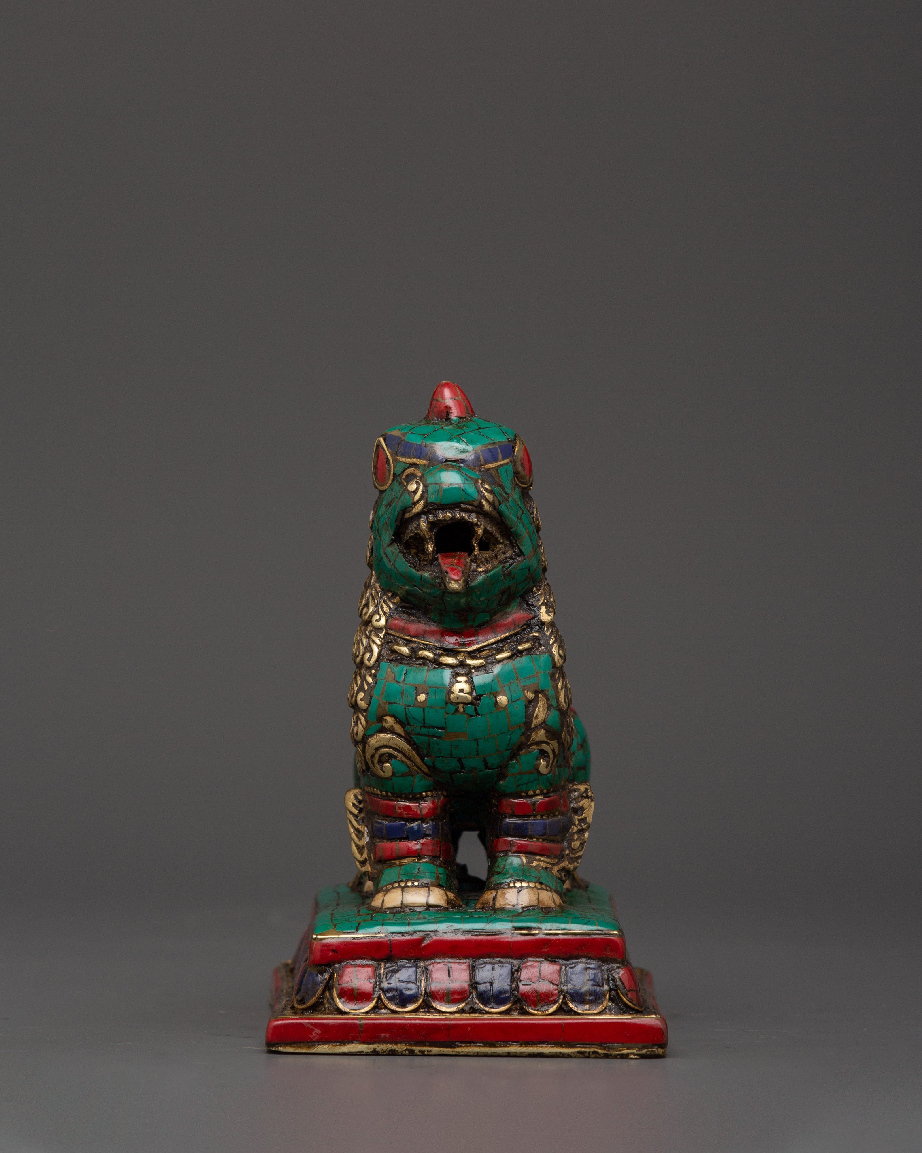 Tibetan Lion Set Brass Guardian Statues | Inlaid with Coral & Turquoise