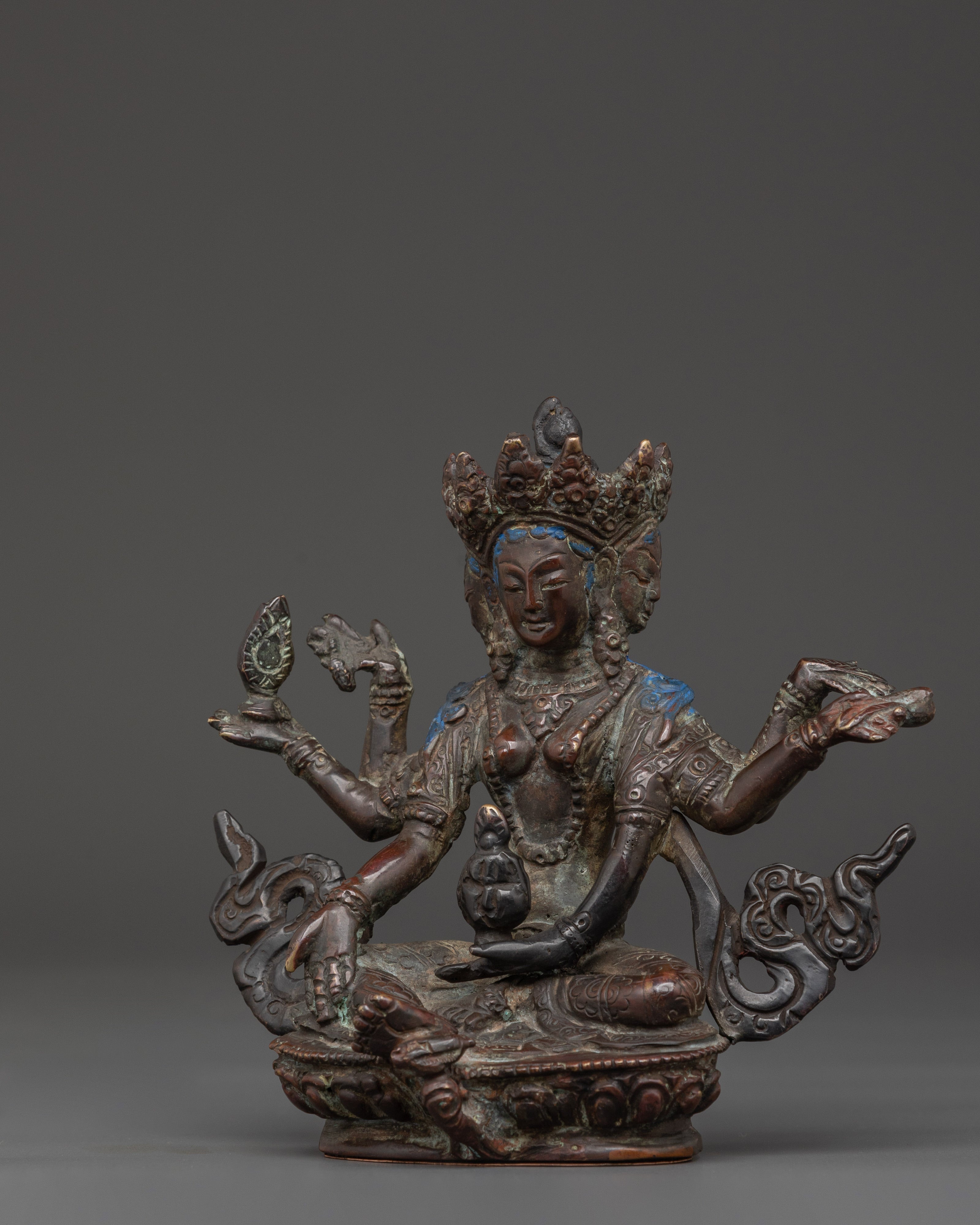 Handcrafted Tibetan Vashudhara Deity Statue | Oxidized Copper Goddess Sculpture