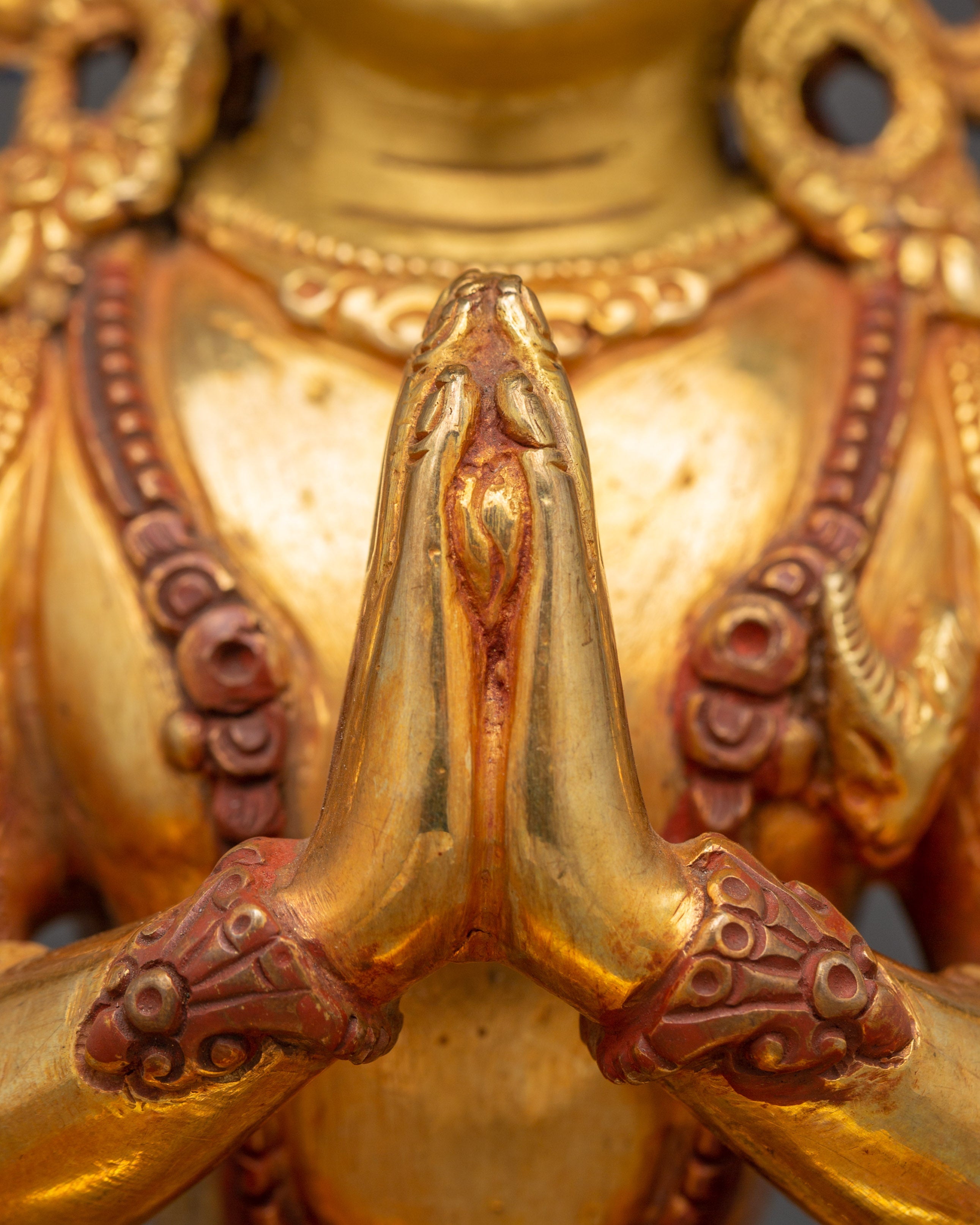 Sacred Statue of Bodhisattva Chenrezig | Copper & Gold Gilded with Acrylic Color